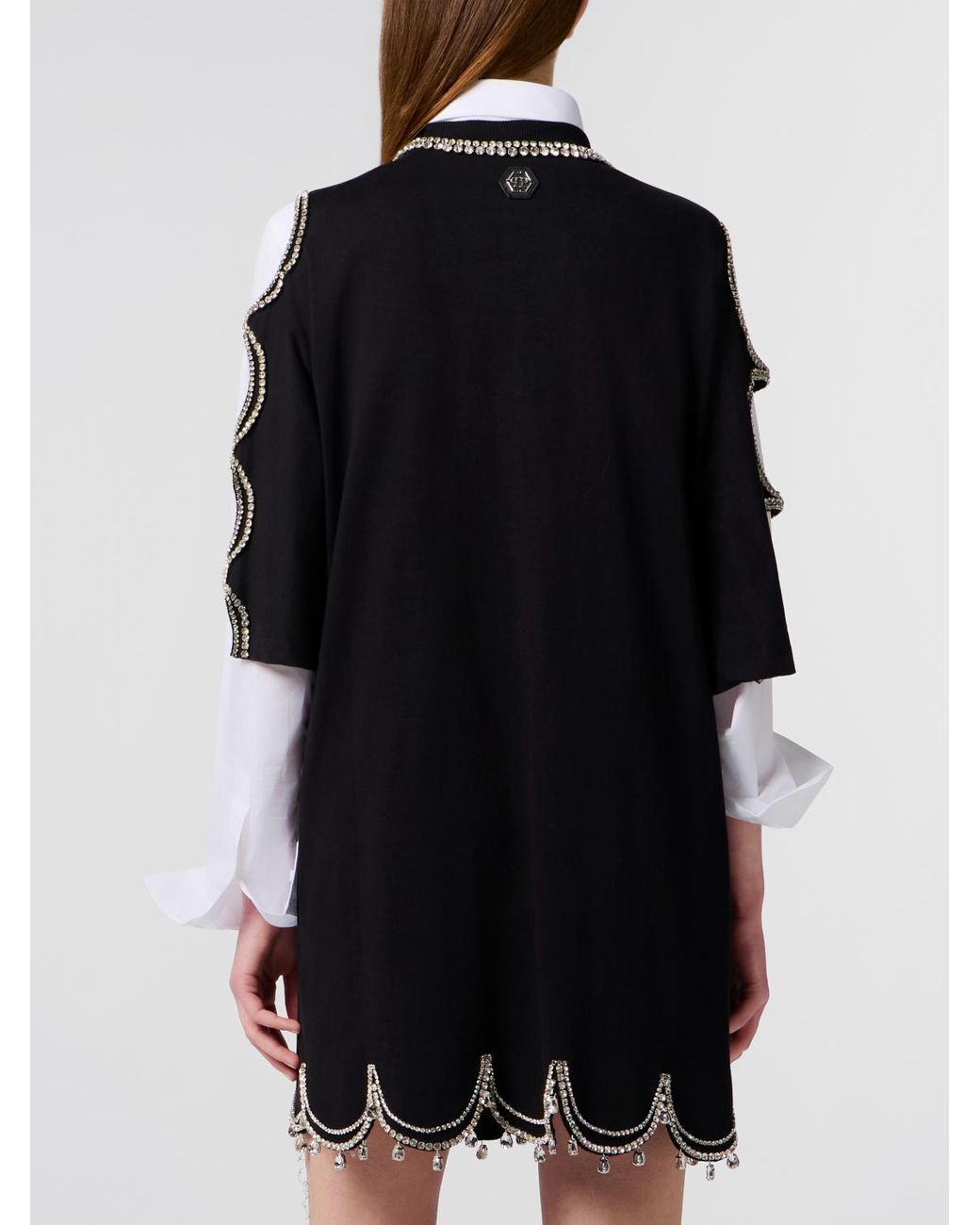 Philipp Plein Black Cut-Out Cotton Sheath Mini Dress With Rhinestones