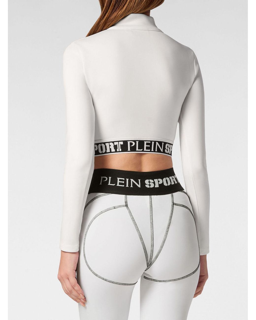 Philipp Plein White Long-Sleeved Cropped Top With High Neck And Zip