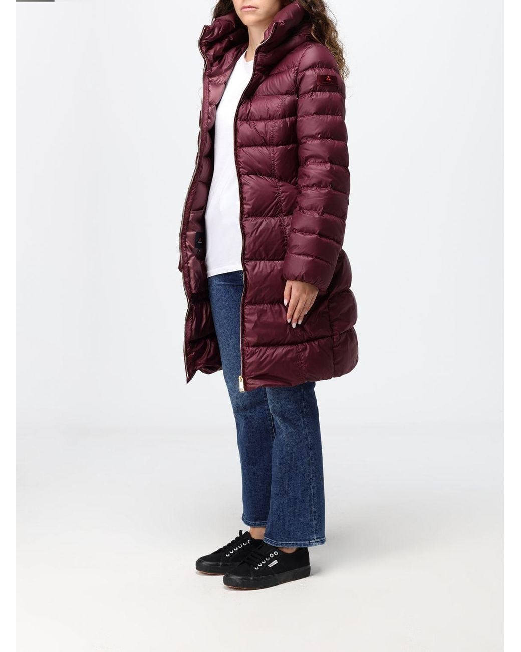Peuterey Red Knee-Length Quilted Nylon Down Jacket With Hood And Slit Pockets