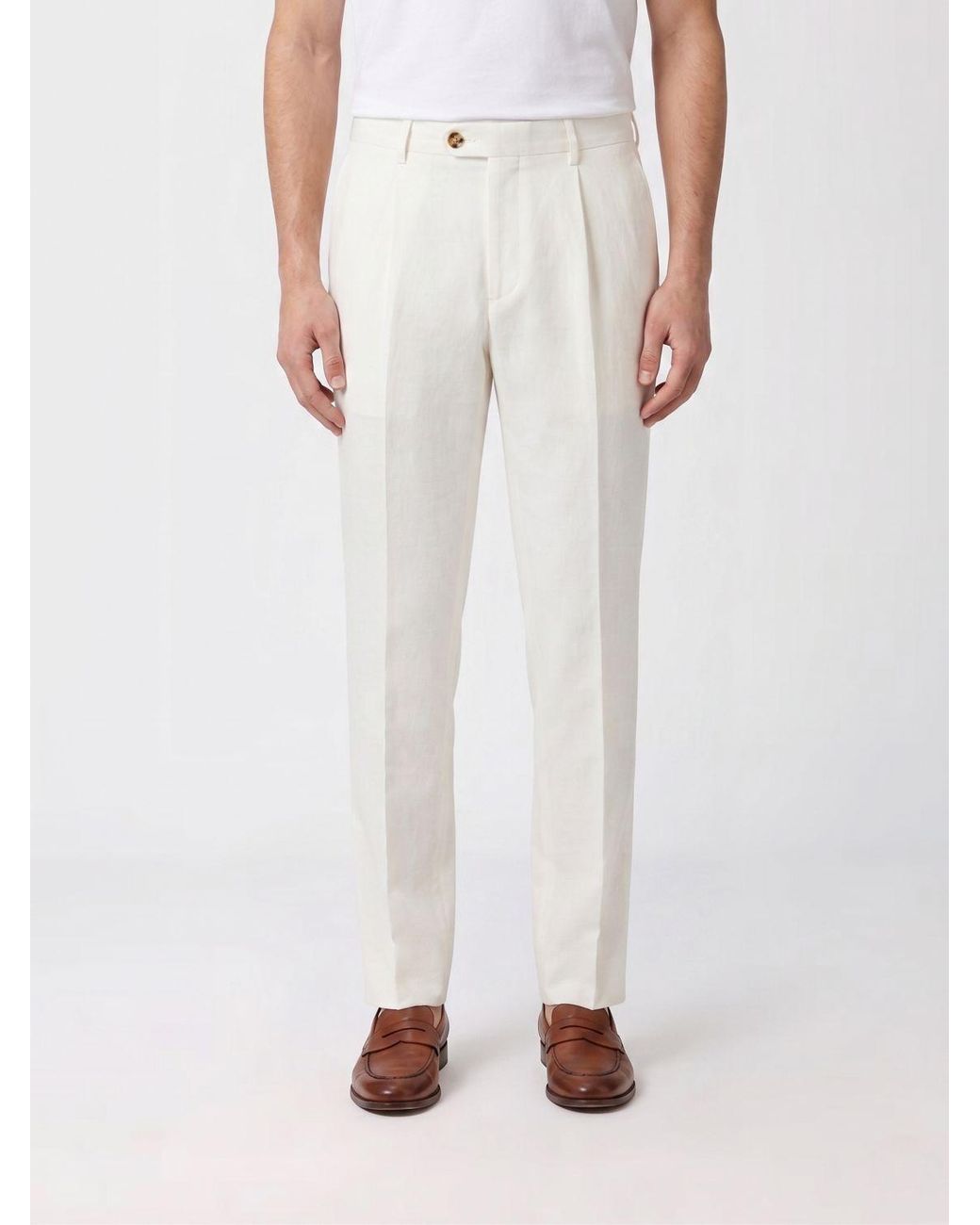 Brunello Cucinelli White Linen Tailored Trousers for men