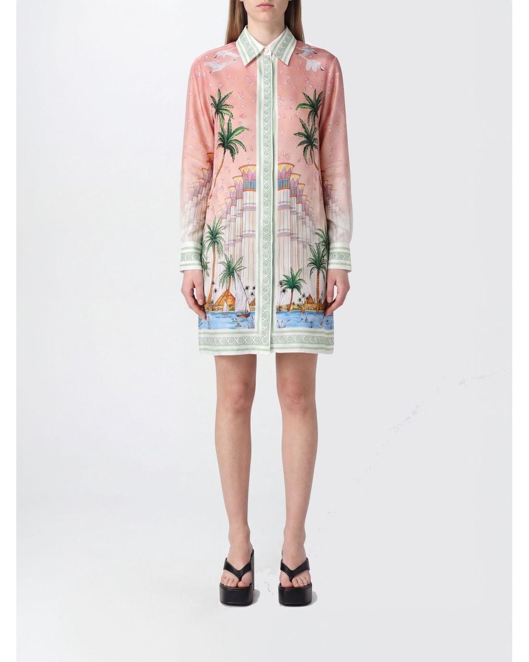 Casablanca Multicolor Long-Sleeved Silk Mini Shirtdress With Tropical Floral Print