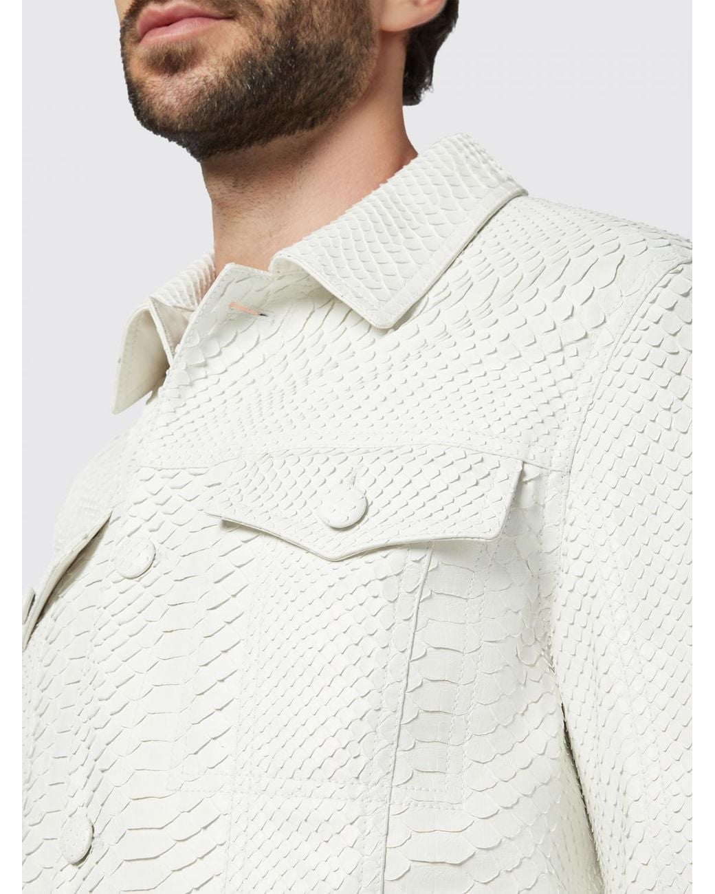 Billionaire White Snakeskin Leather Shirt Jacket With Applied Patch Pockets for men