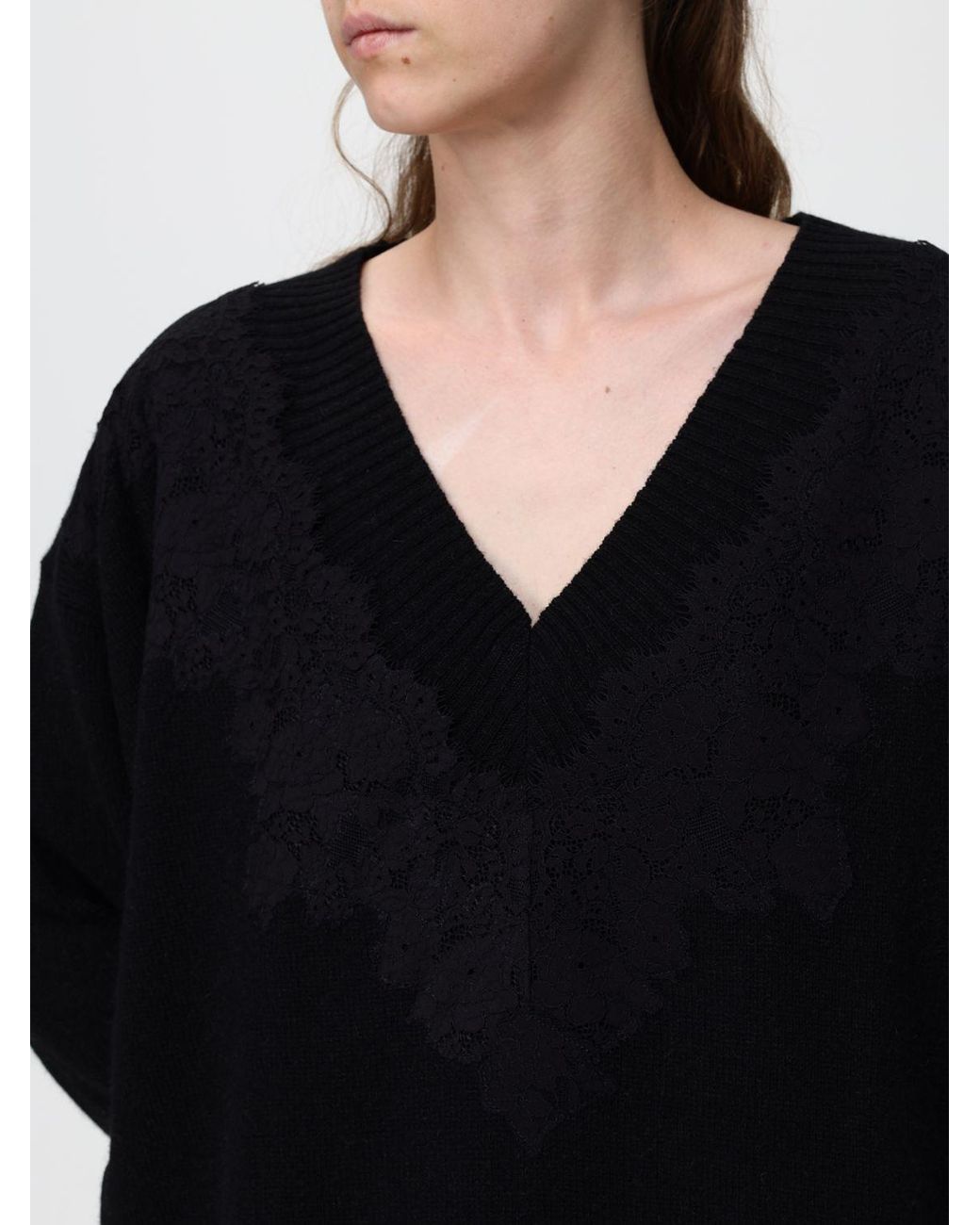 Alberta Ferretti Black V-Neck Jumper With Lace Inserts