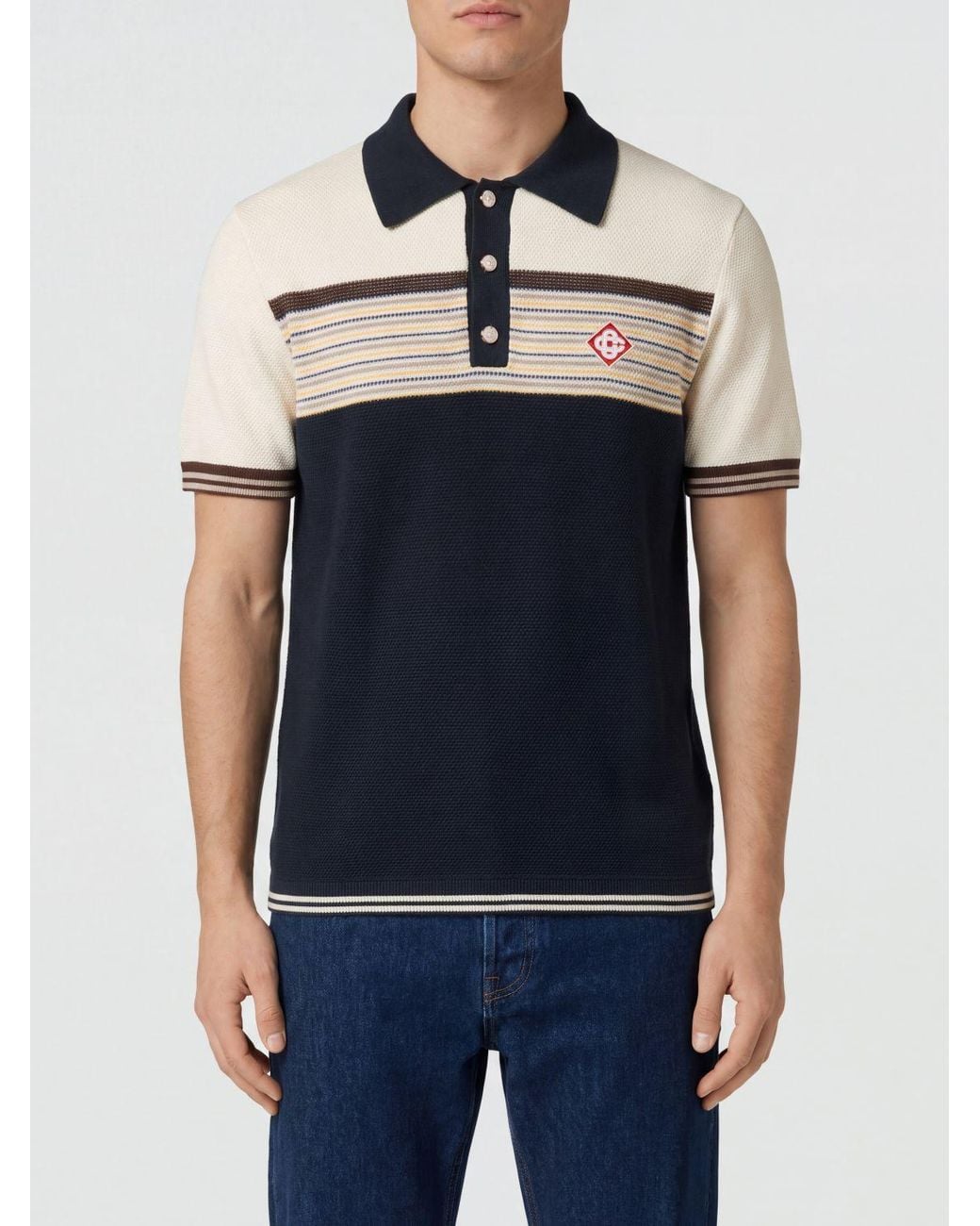 Casablanca Blue Striped Wool And Cotton Knit Polo Shirt With Logo for men