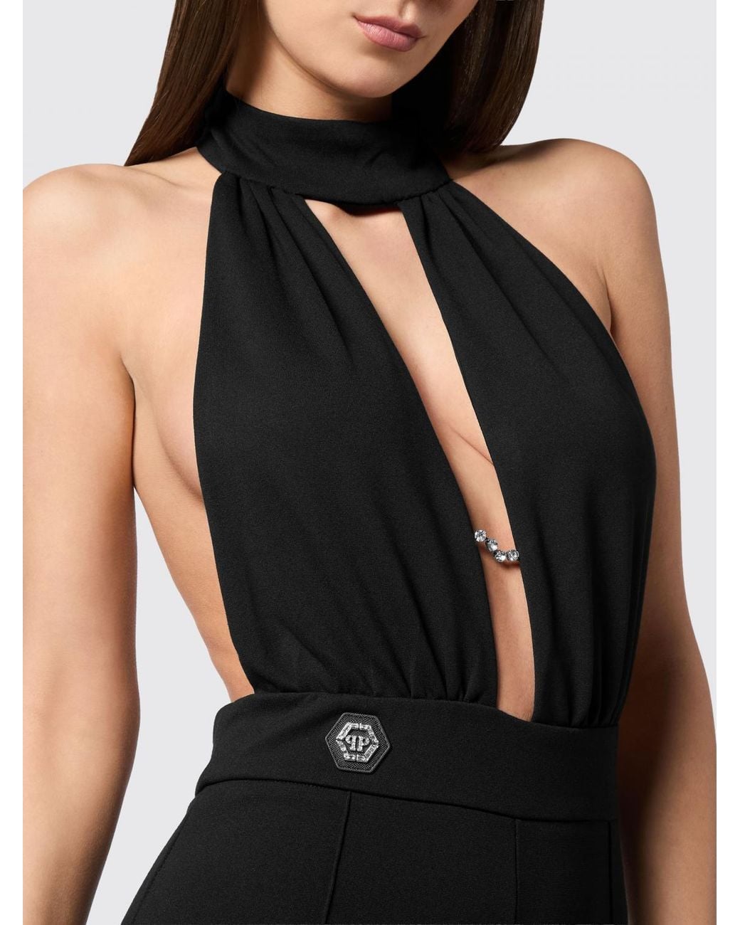 Philipp Plein Black Crêpe Halterneck Jumpsuit With A Deep V-Neck