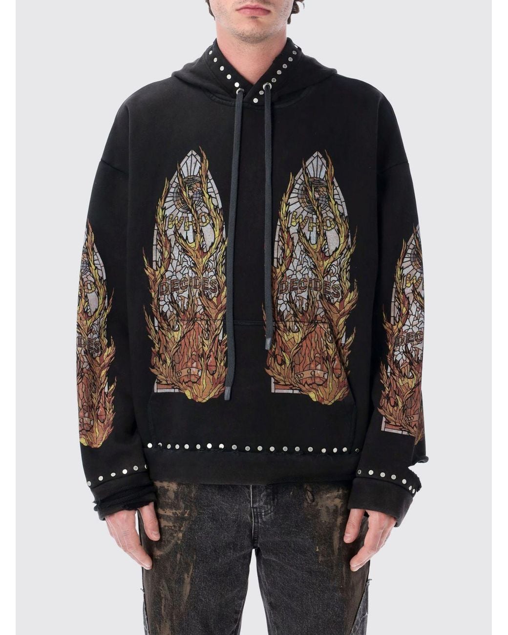 Who Decides War Black Studded And Printed Cotton Hoodie With Relaxed Fit for men