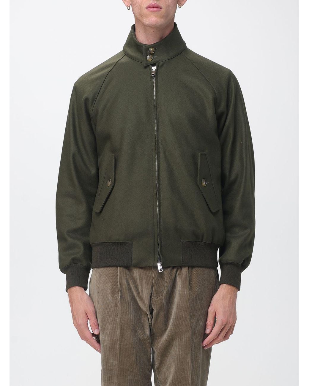Baracuta Green G9 Melton Wool Blend Bomber Jacket With High Collar And Check Lining for men