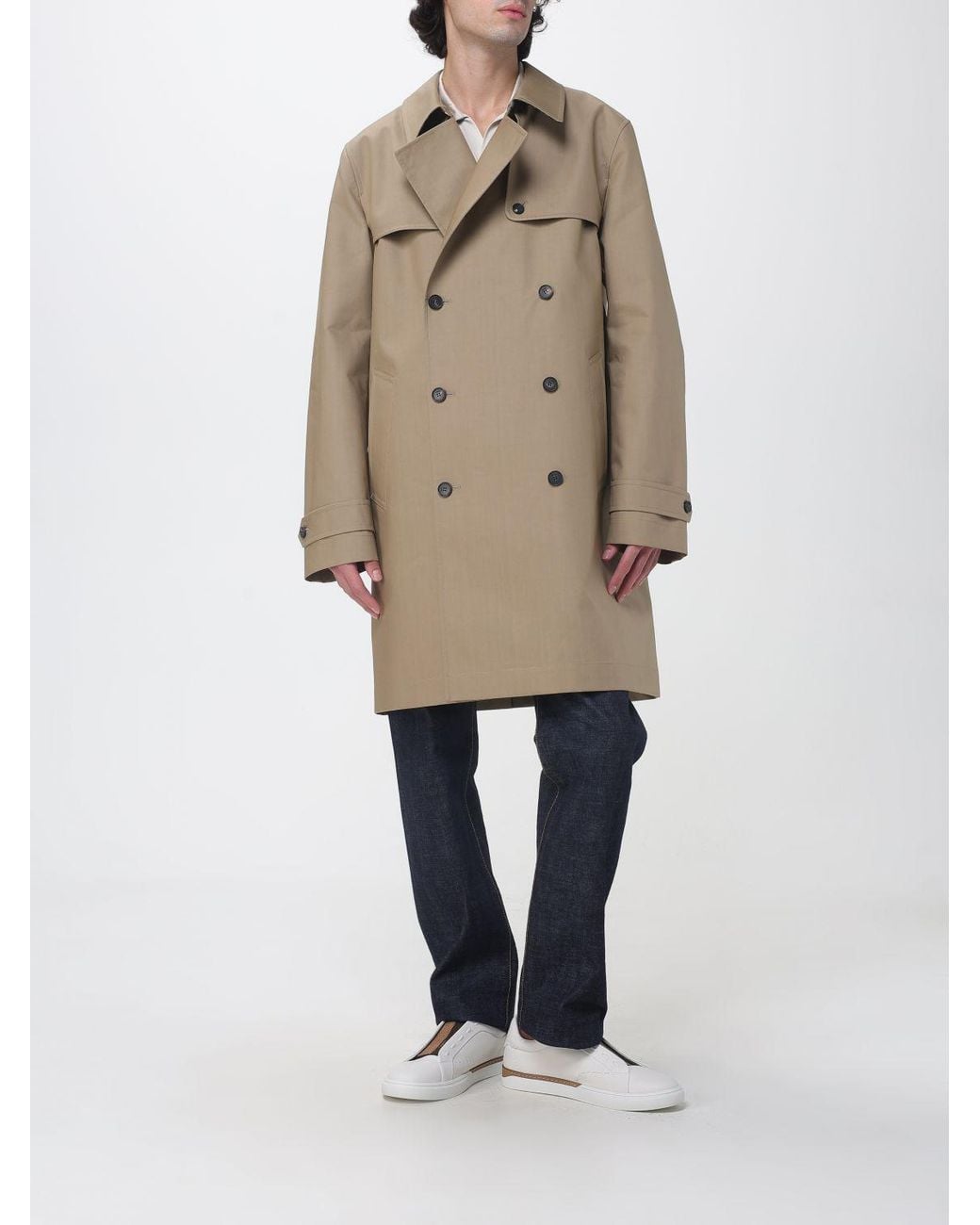 Fendi Natural Knee-Length Double-Breasted Cotton Trench Coat With Back Vent for men