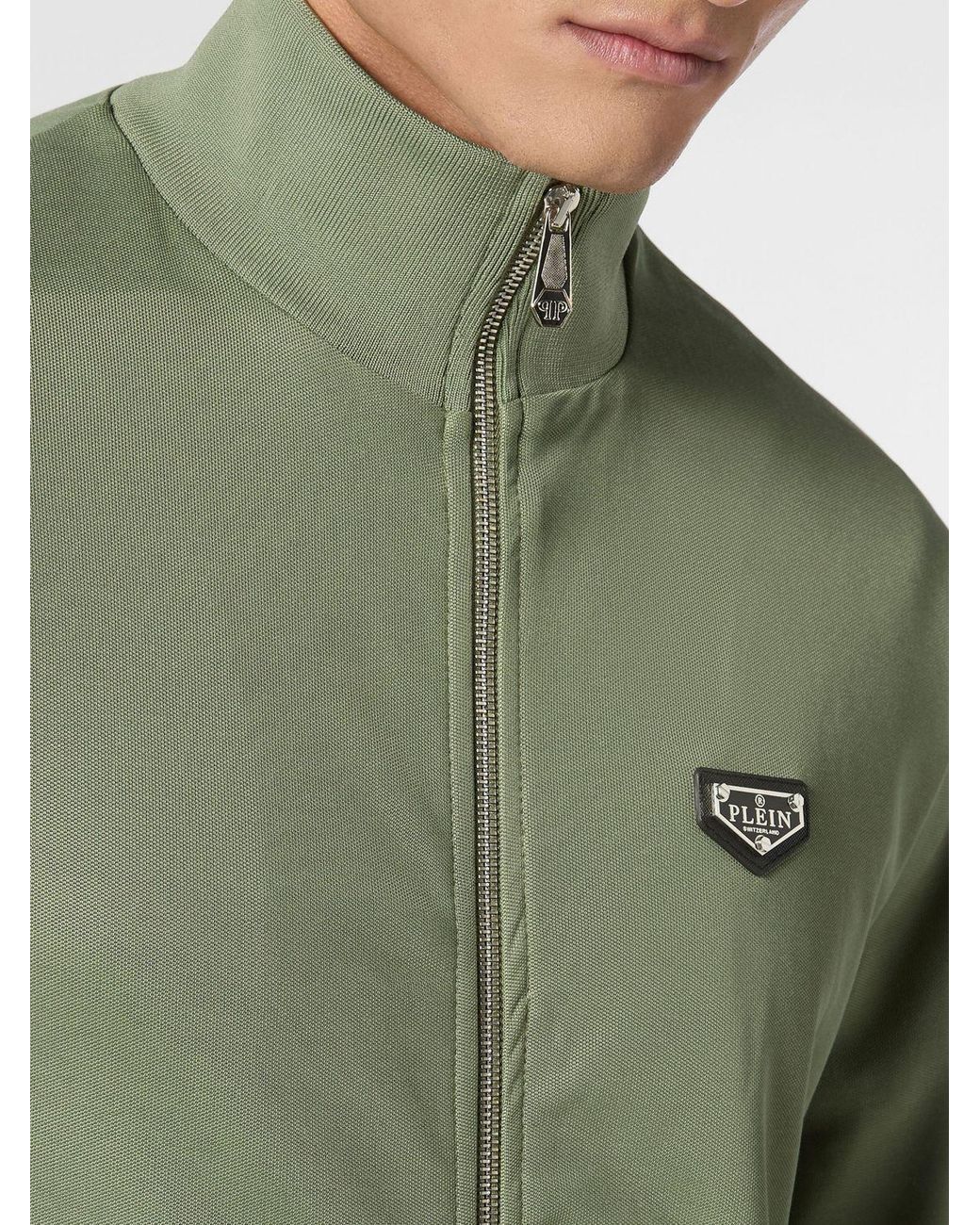 Philipp Plein Green Cotton-Blend High Neck Zip Sweatshirt With Applied Logo for men