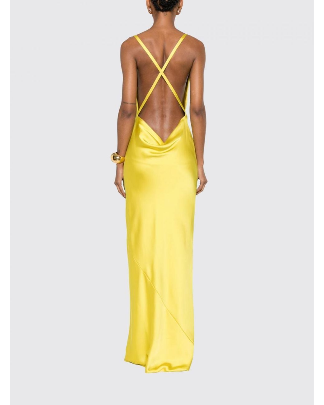 Norma Kamali Yellow Long Satin Evening Gown With Draped Neckline