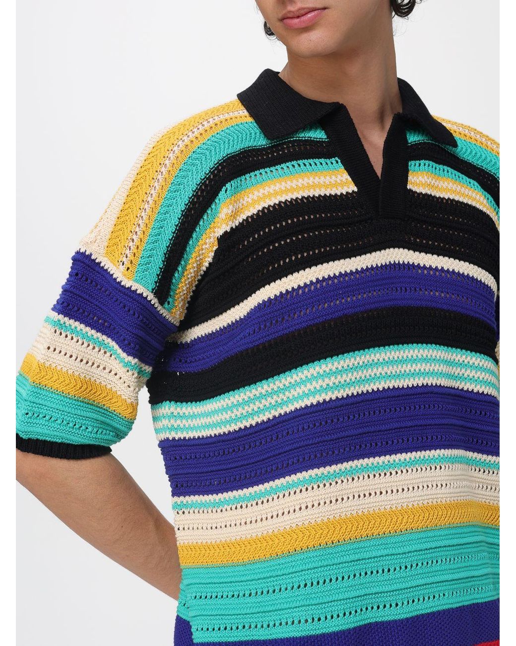Laneus Blue Striped Interwoven Cotton Knit Polo Shirt for men