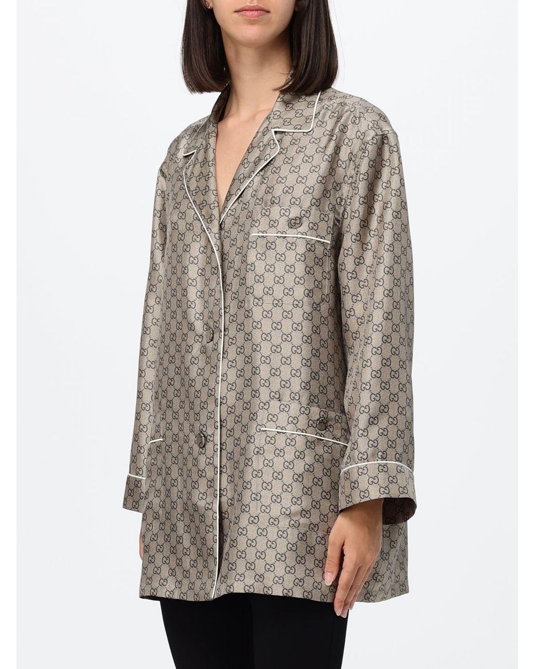 Gucci Gray Gg Monogram Silk Pajama-Style Shirt With Revere Collar