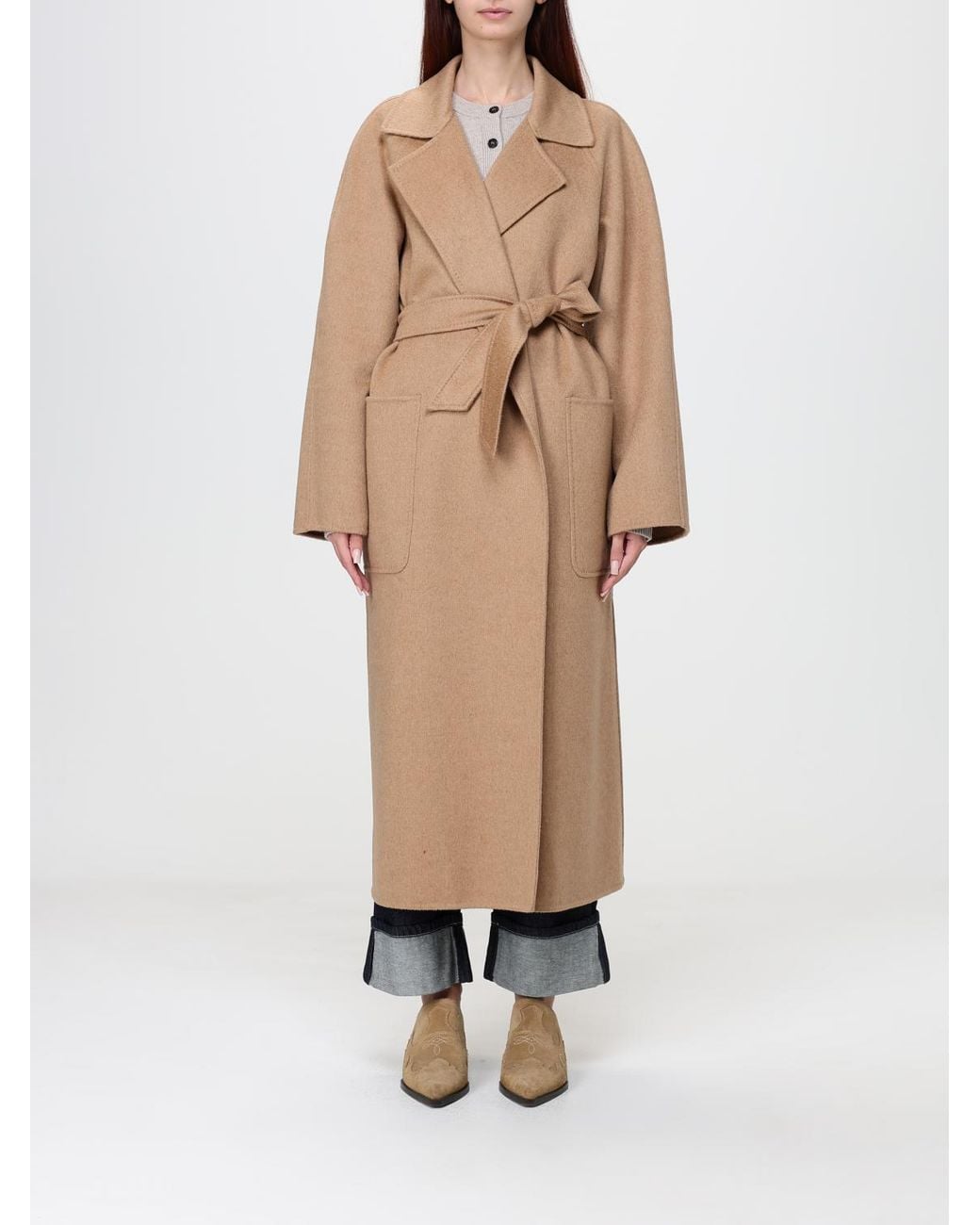 Max Mara Natural Long Wool Robe Coat With Belt