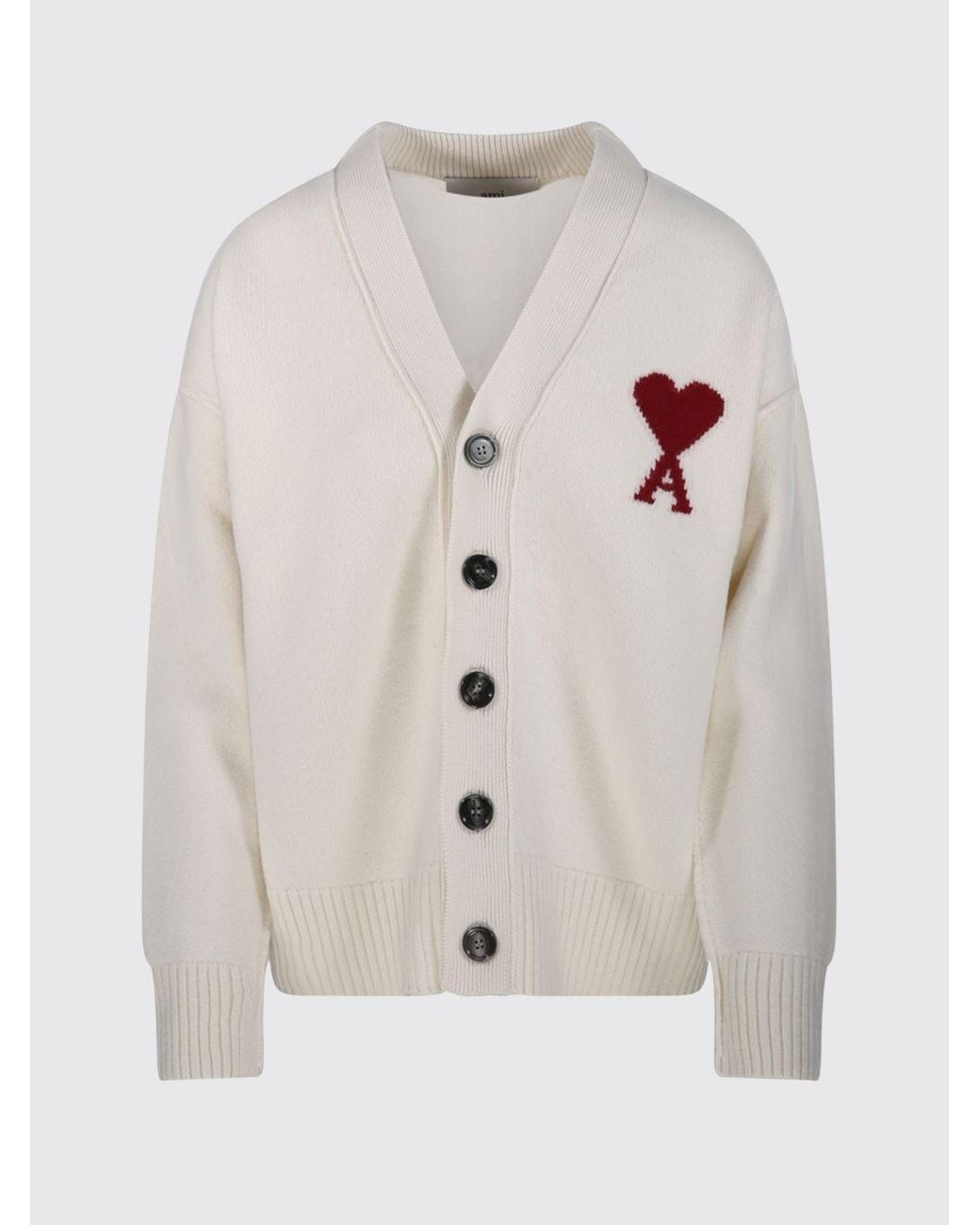 AMI White V-Neck Wool Cardigan With Contrast Logo for men