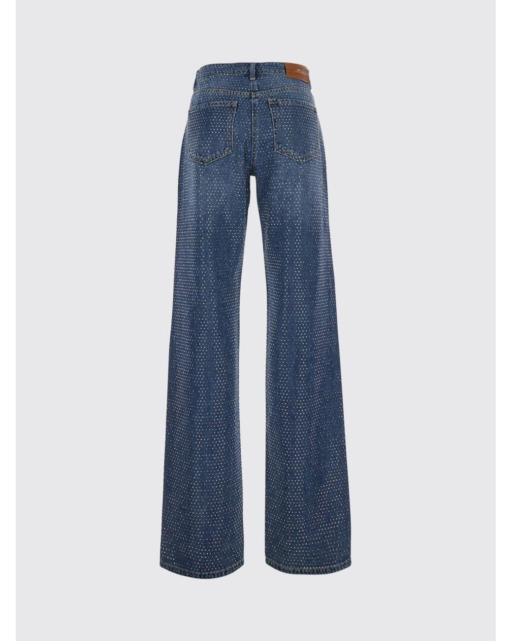 Elisabetta Franchi Blue High-Waisted Wide-Leg Denim Jeans With Rhinestones