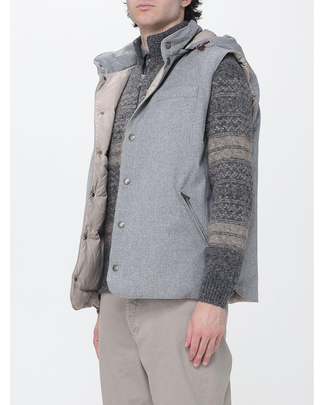 Brunello Cucinelli Gray Padded Wool Vest With Detachable Hood for men