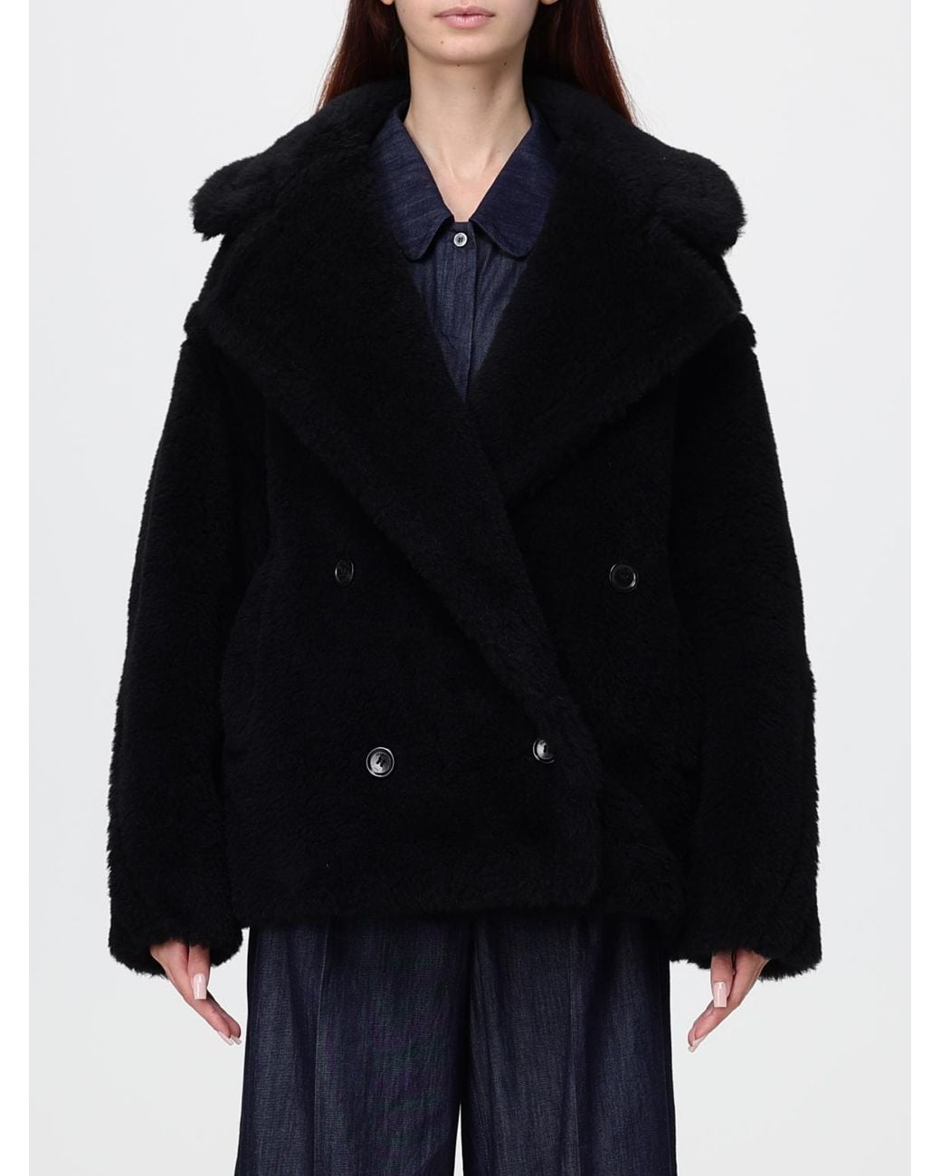 Max Mara Black Short Double-Breasted Faux-Fur Effect Coat