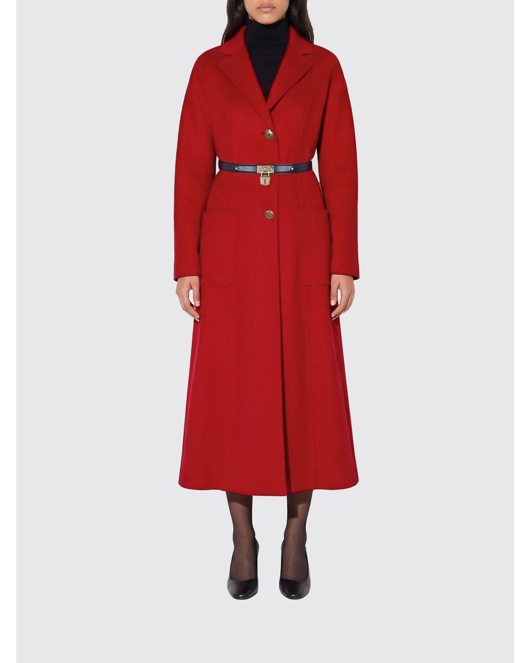 Elisabetta Franchi Red Single-Breasted Long Pure Wool Coat With Waist Belt