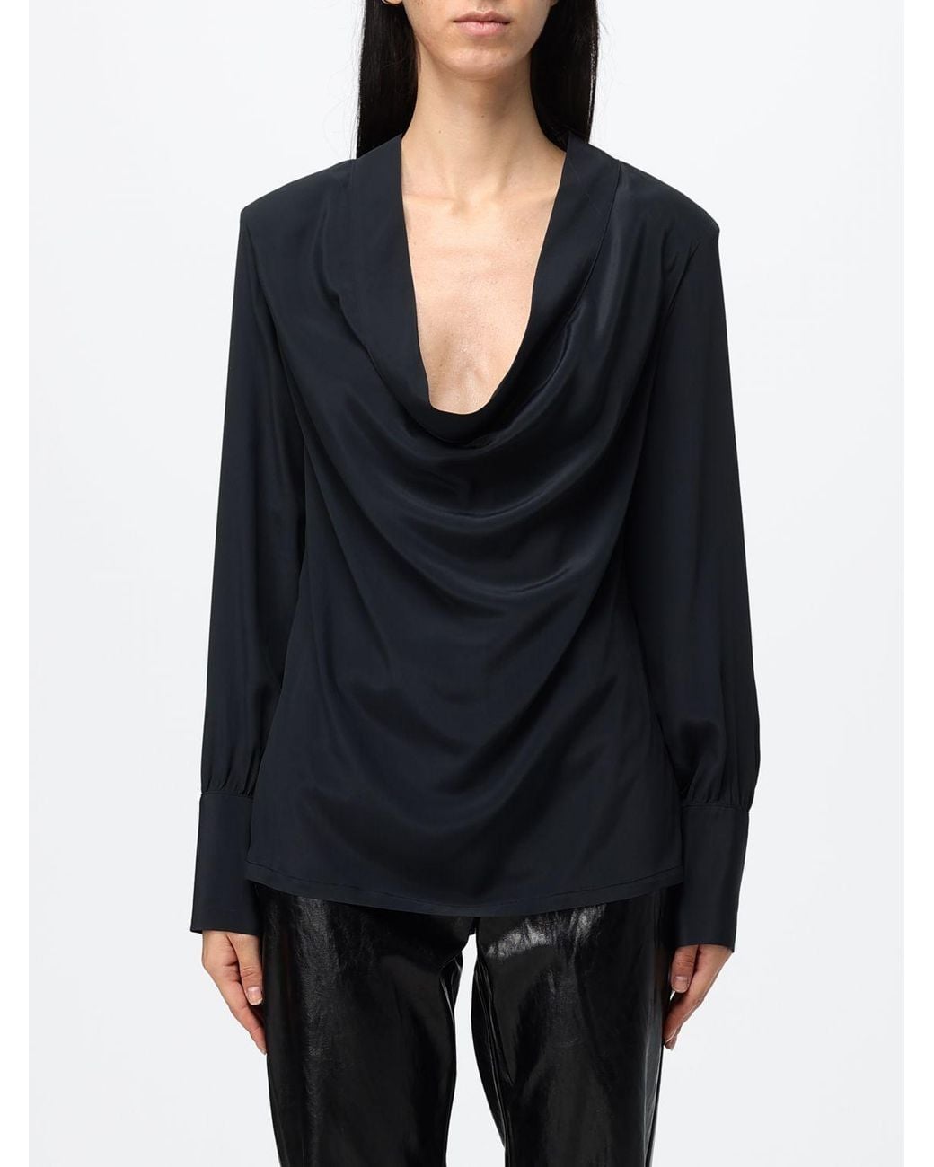 FEDERICA TOSI Black Draped-Neckline Long-Sleeved Silk Top