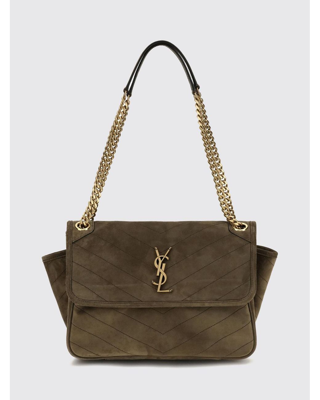 Saint Laurent Natural Niki Quilted Suede Shoulder Bag With Ysl Logo