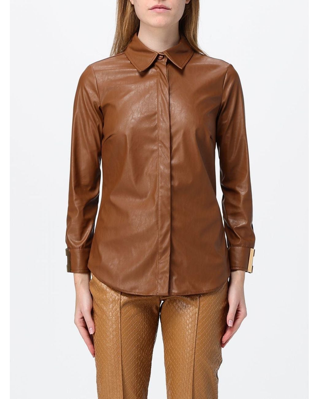Elisabetta Franchi Brown Slim-Fit Faux Leather Shirt With Logo Detail Cuffs