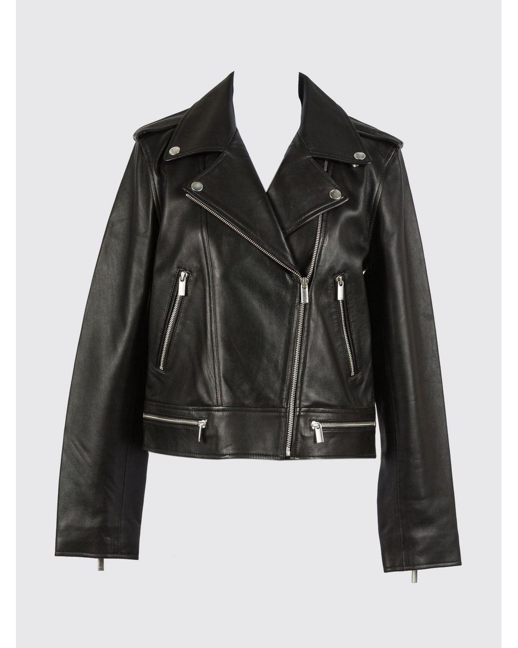 Twinset Black Leather Biker Jacket With Asymmetrical Zip And Shoulder Epaulettes