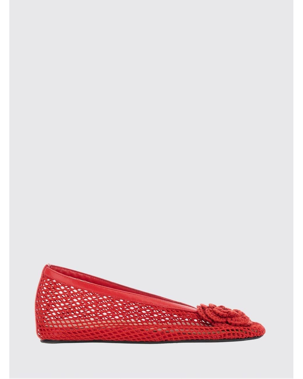 Ganni Red Perforated Cotton Ballet Flats With Floral Appliqué