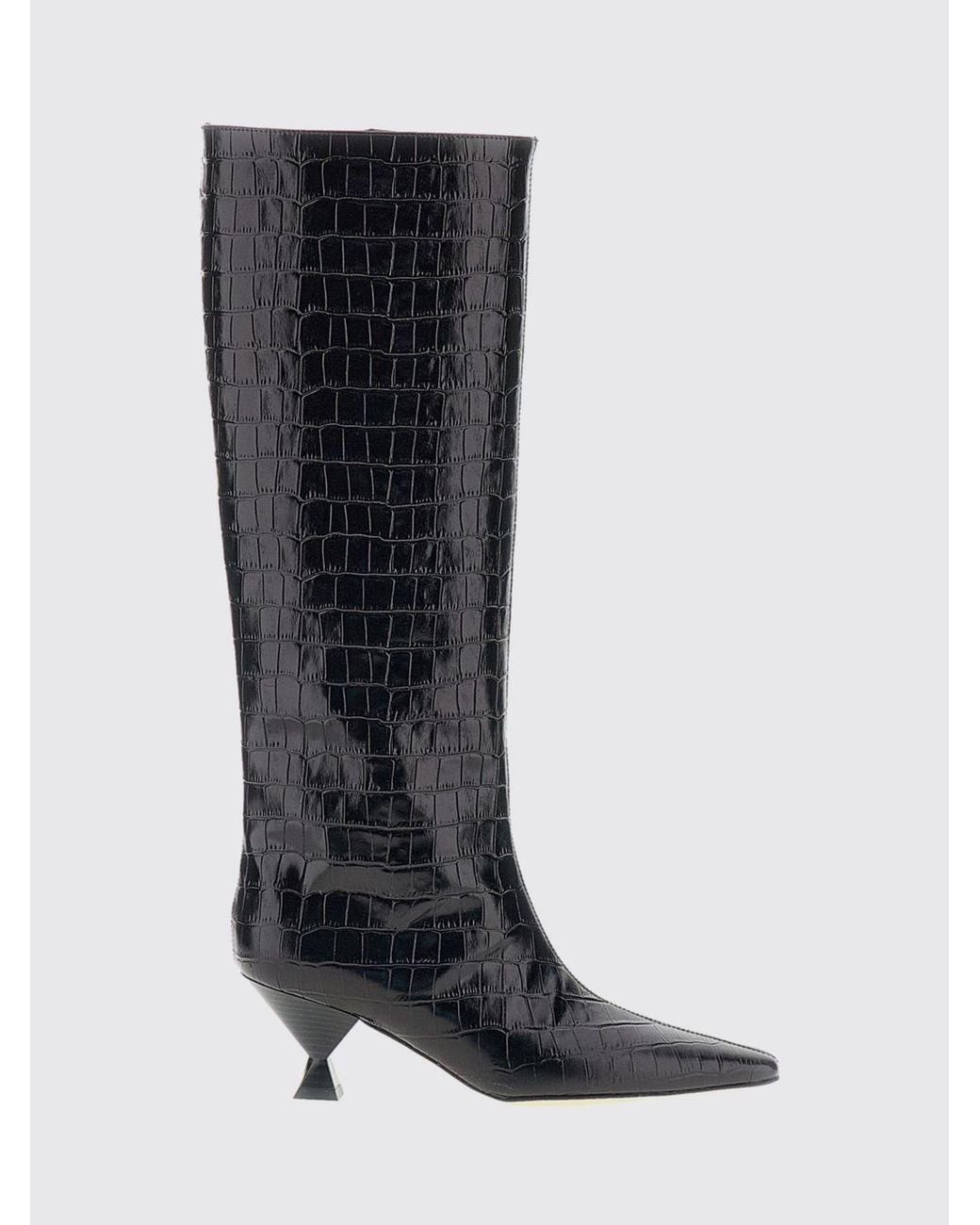 MARIA LUCA Black Noa Knee-High Calfskin Boots With Croc-Effect