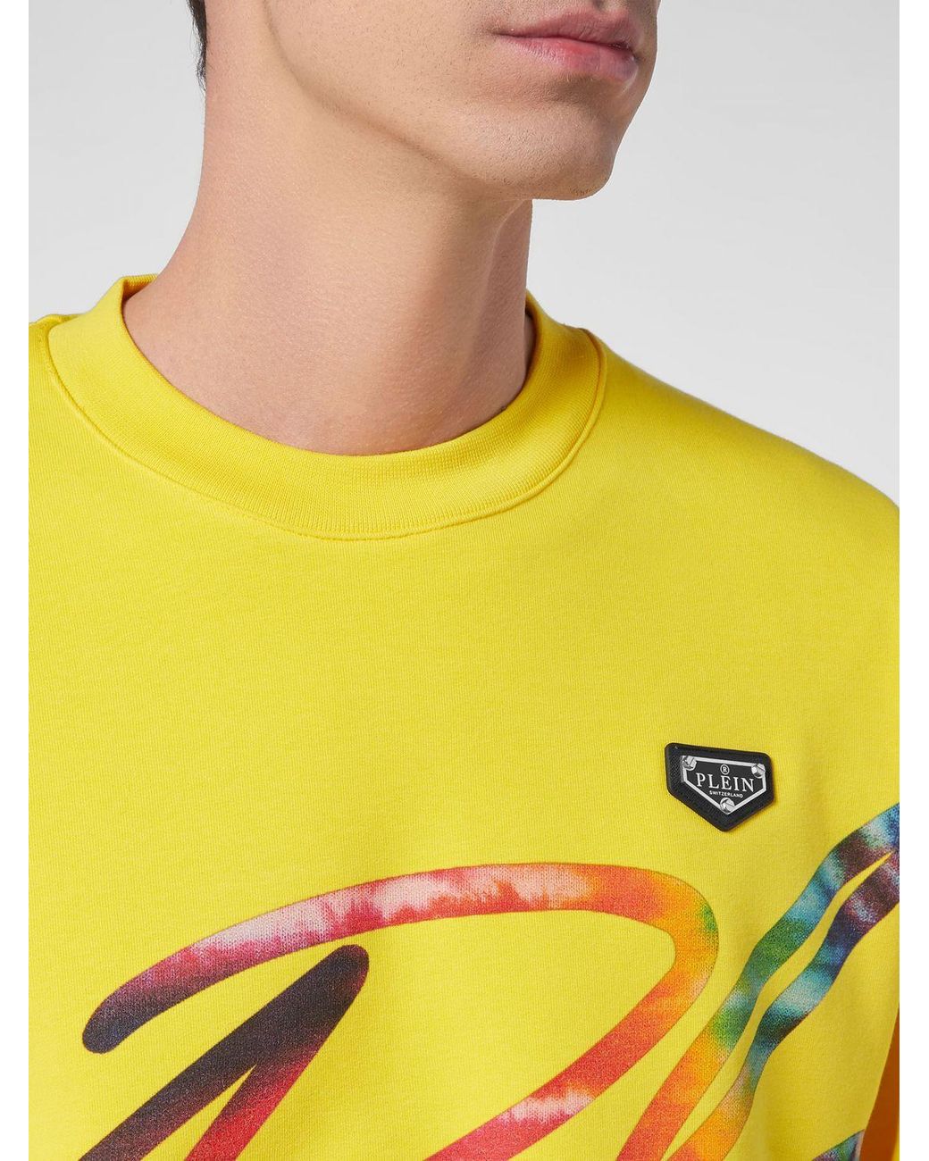 Philipp Plein Yellow Cotton Jersey Crewneck Sweatshirt With Contrasting Front Logo Print for men