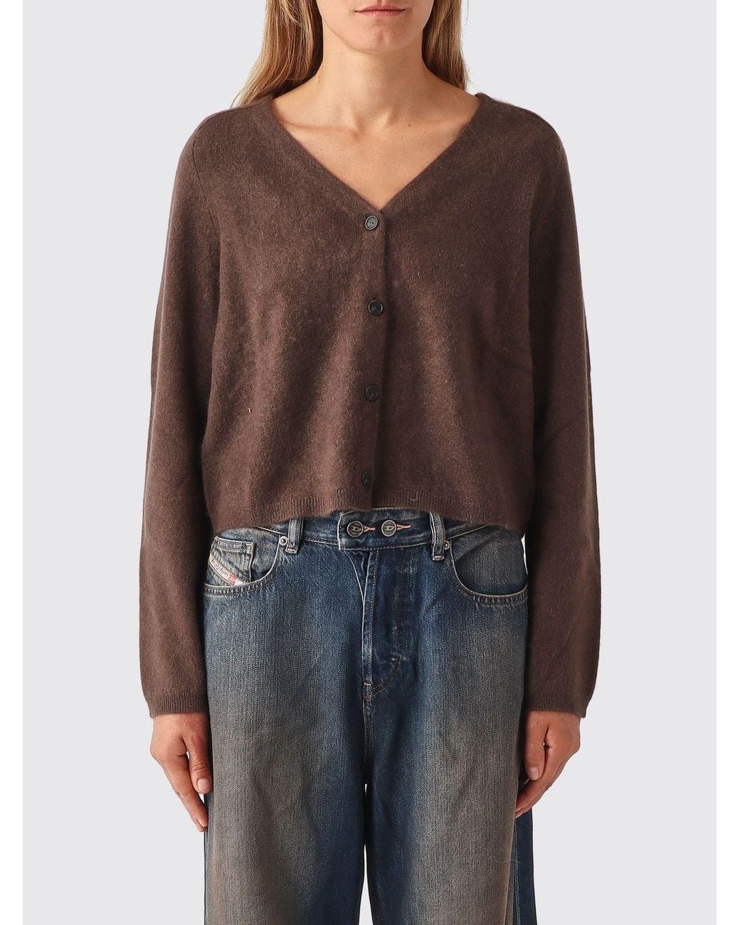 Max Mara Brown Slim Fit Virgin Wool V-Neck Cardigan With Dropped Shoulders