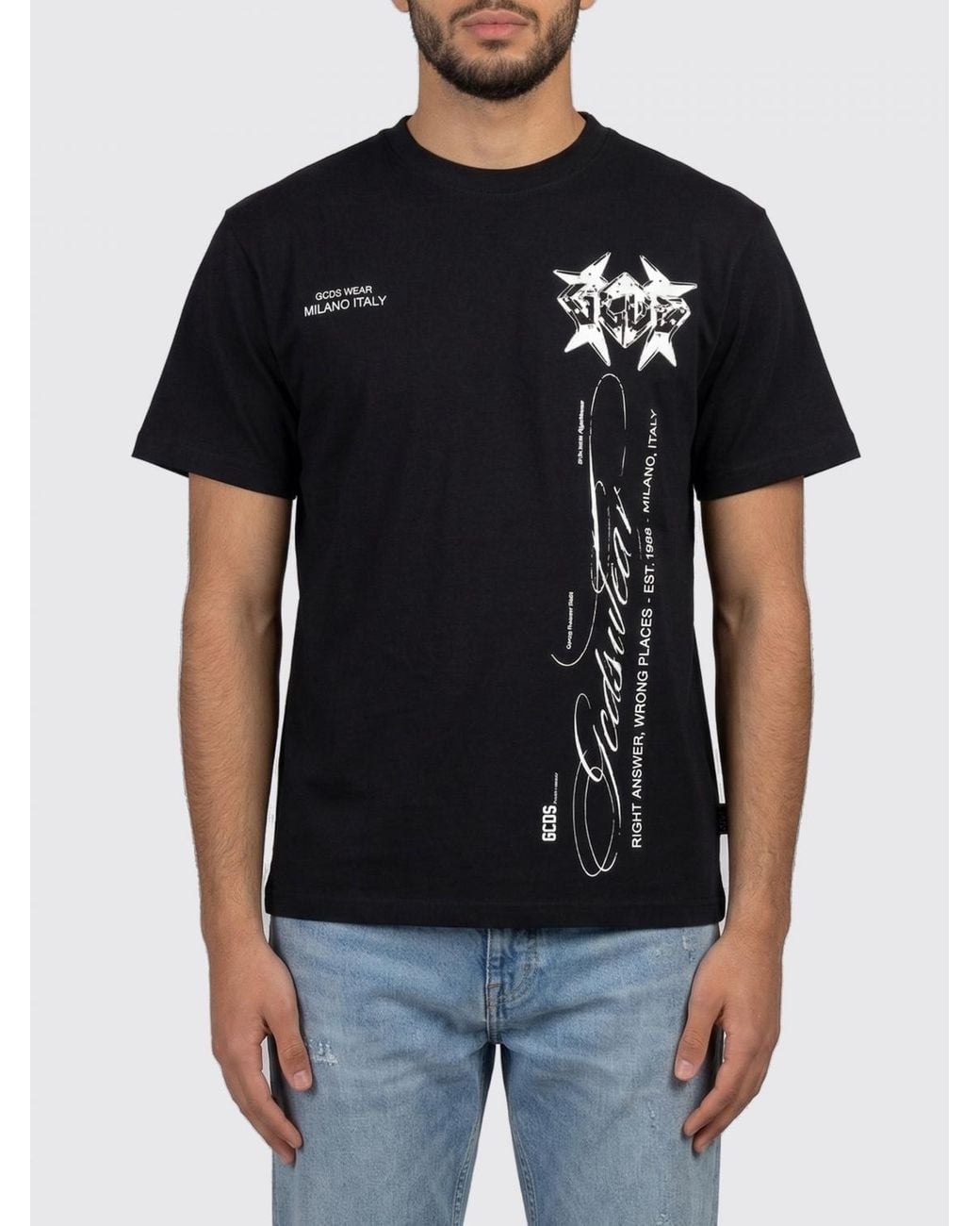 Gcds Black Printed Cotton T-Shirt for men