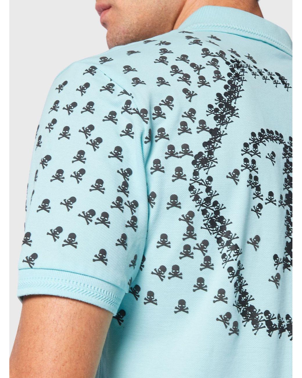 Philipp Plein Blue Cotton Polo Shirt With Skull Monogram Print And Hexagon Logo for men