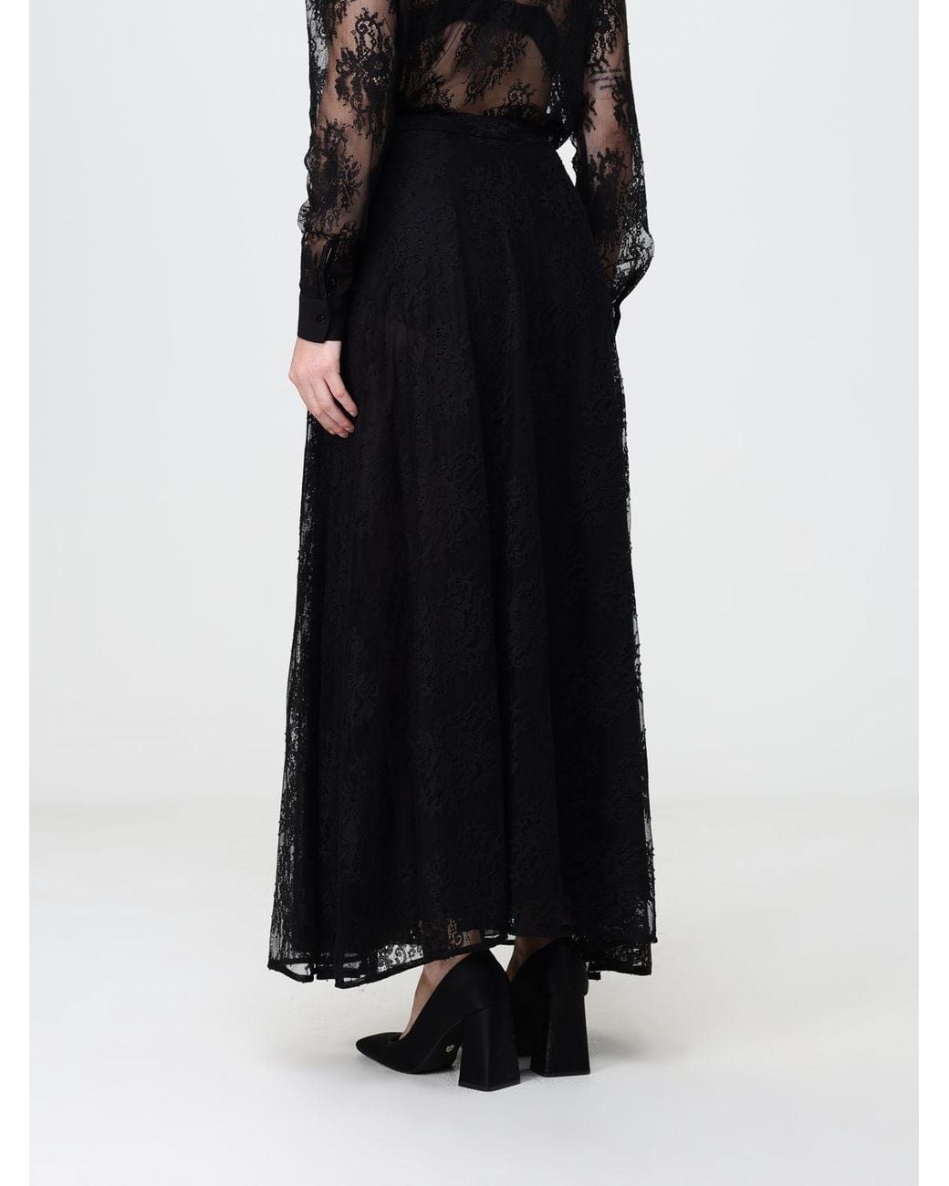 Hanita Black High-Waisted A-Line Long Lace Skirt With Concealed Closure