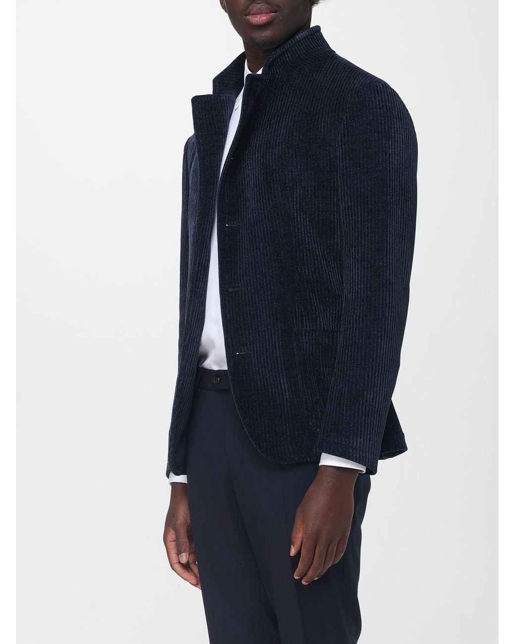 Emporio Armani Blue Asymmetrical Velvet Jacket With High Neck for men