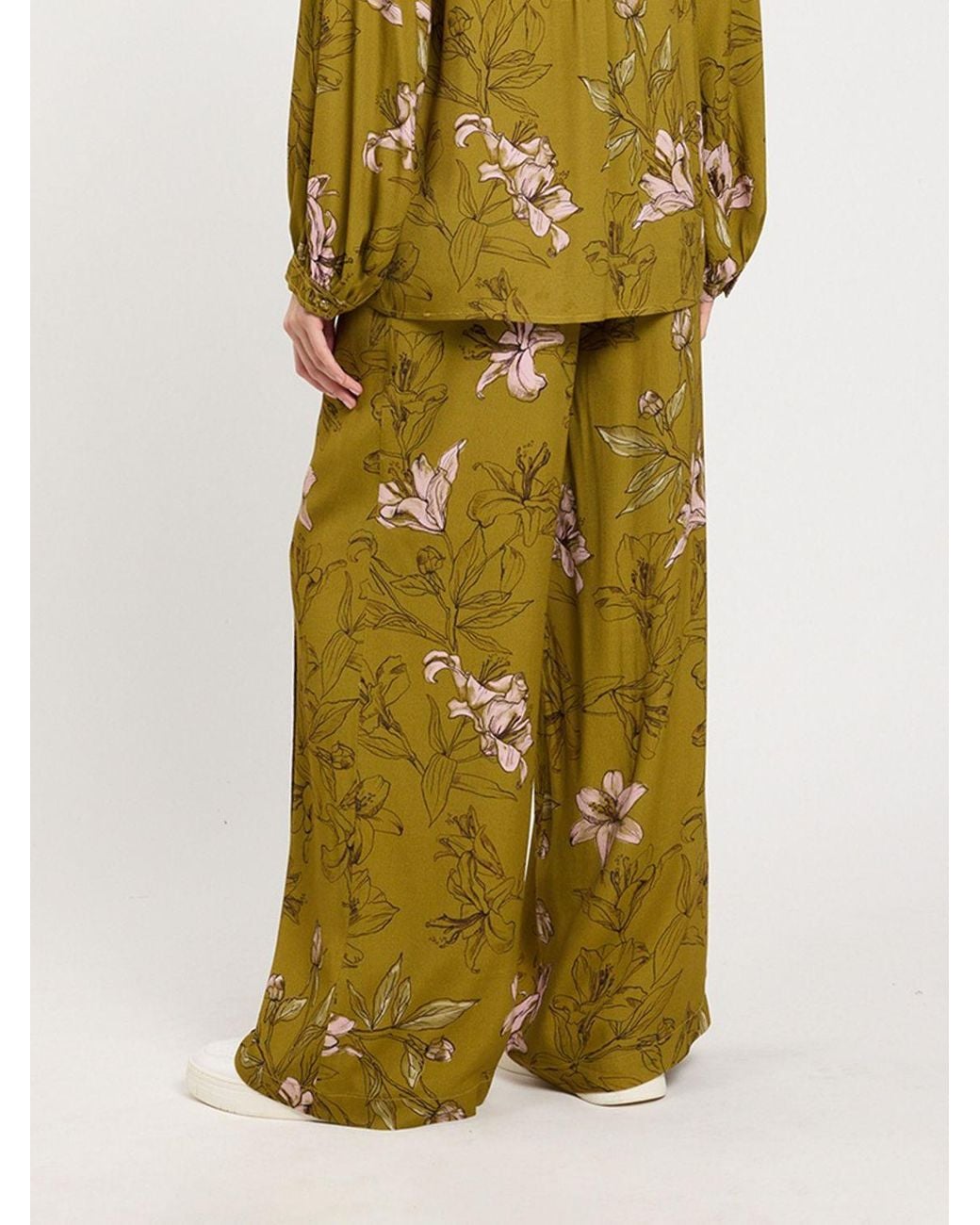 Twinset Yellow High-Waisted Floral Print Viscose Palazzo Trousers