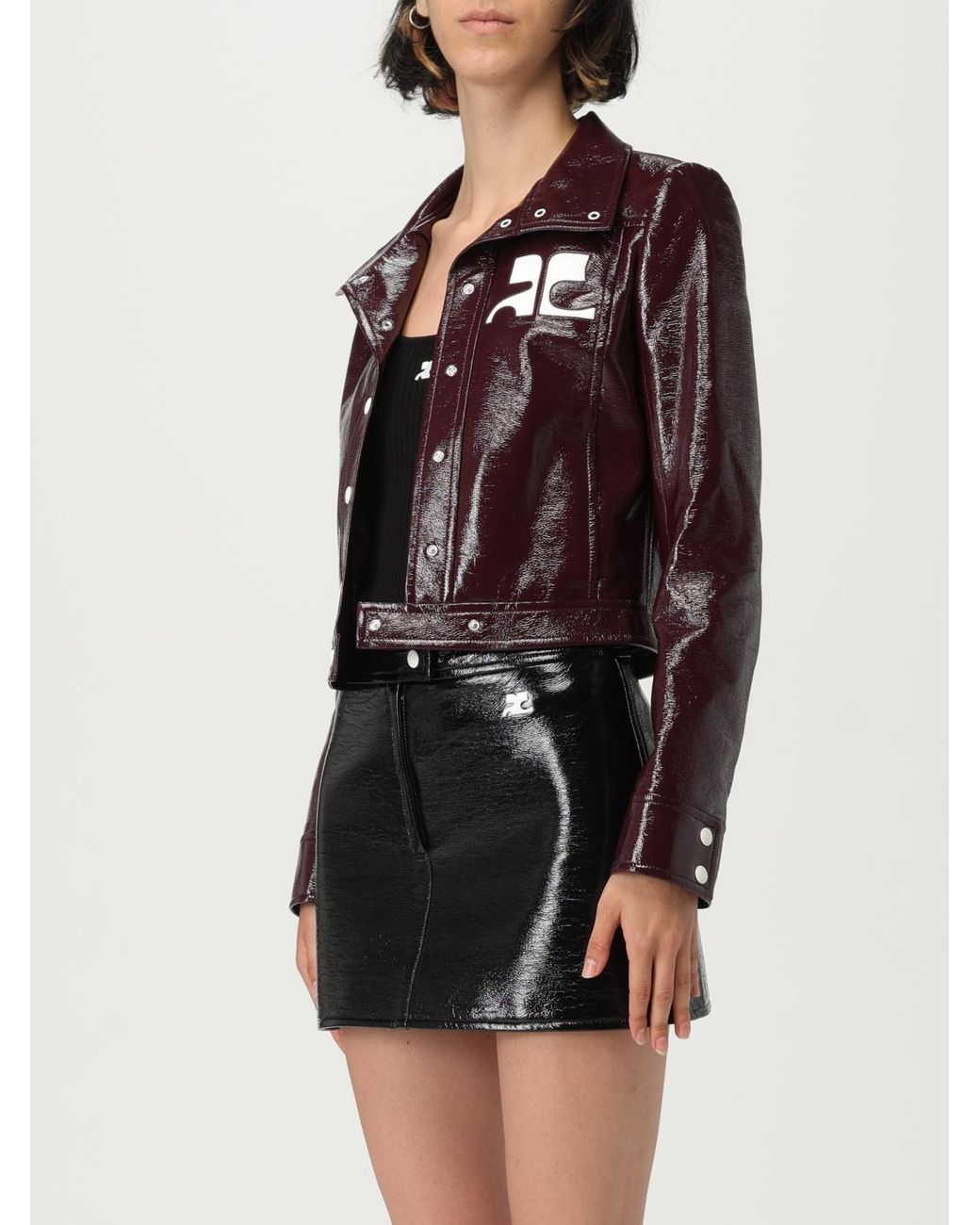 Courreges Black Cropped Shiny Effect Jacket With Long Sleeves And Button Closure