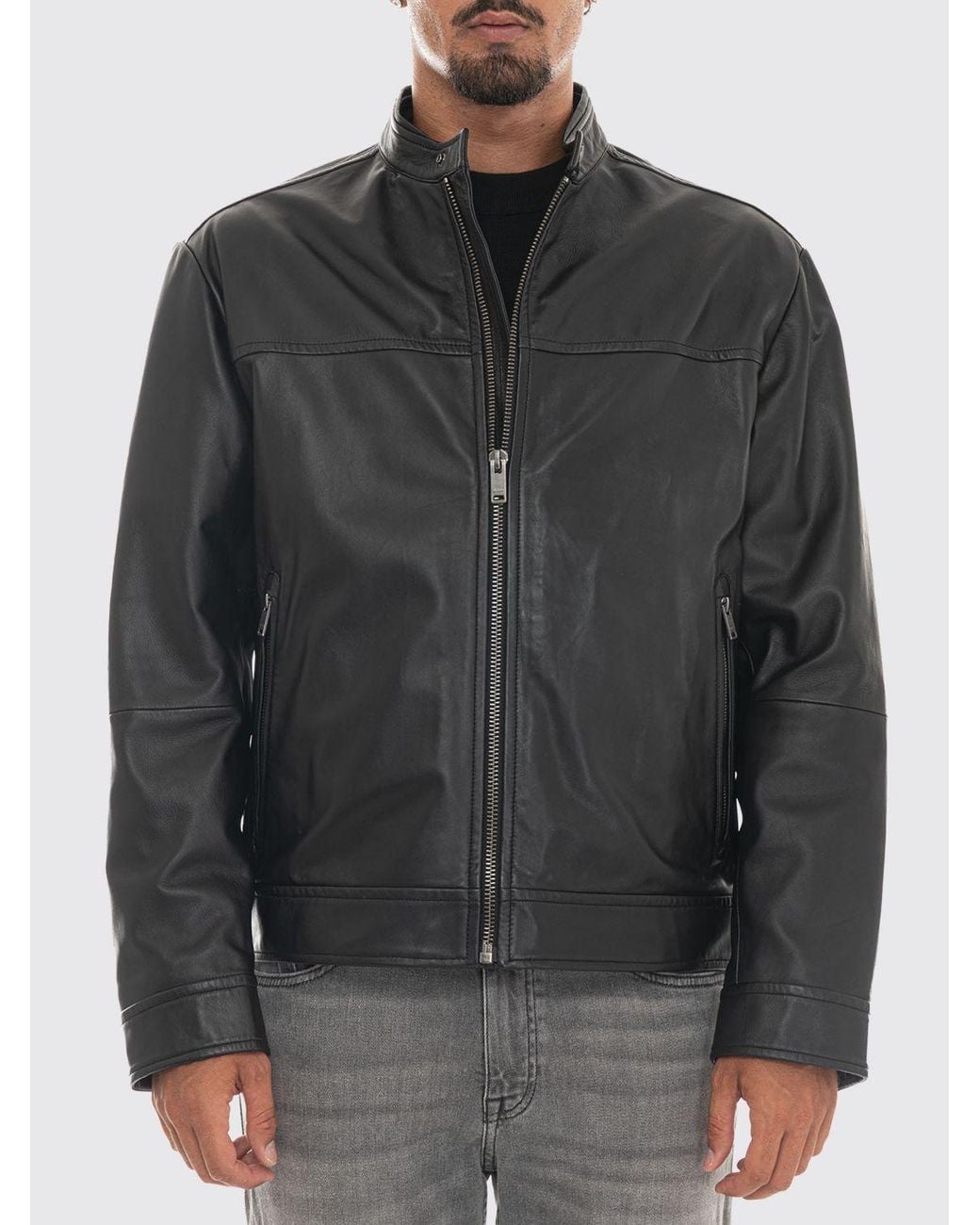 Boss Black Joslay Leather Biker Jacket With High Collar And Zipped Pockets for men