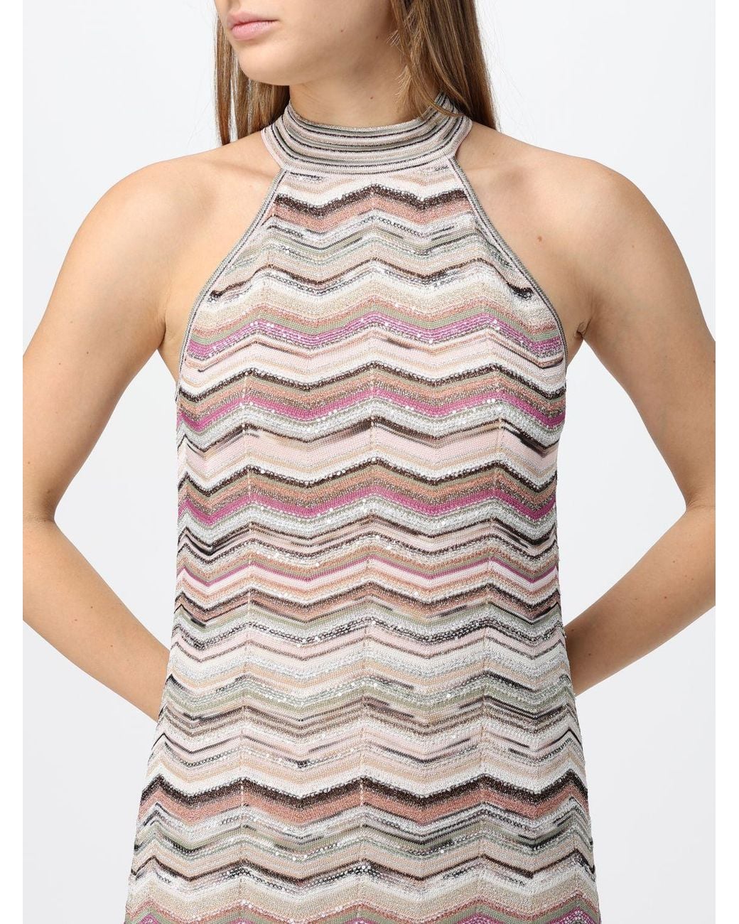 Missoni White Zig-Zag Pattern Lurex Slim Fit Long Dress With Halter Neck