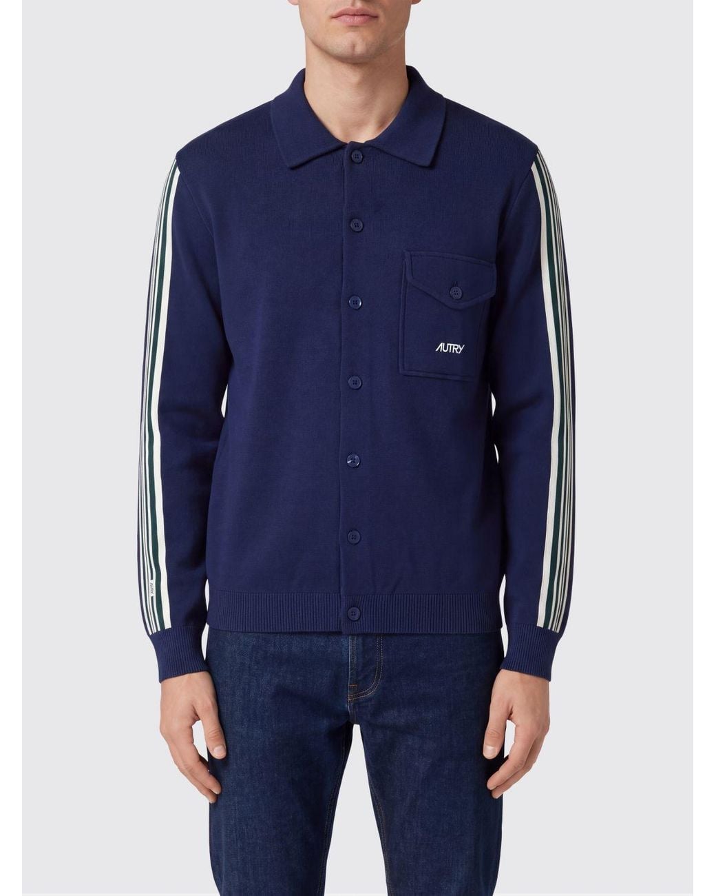 Autry Blue Goose Down Padded Technical Fabric Shirt Jacket With Logo for men