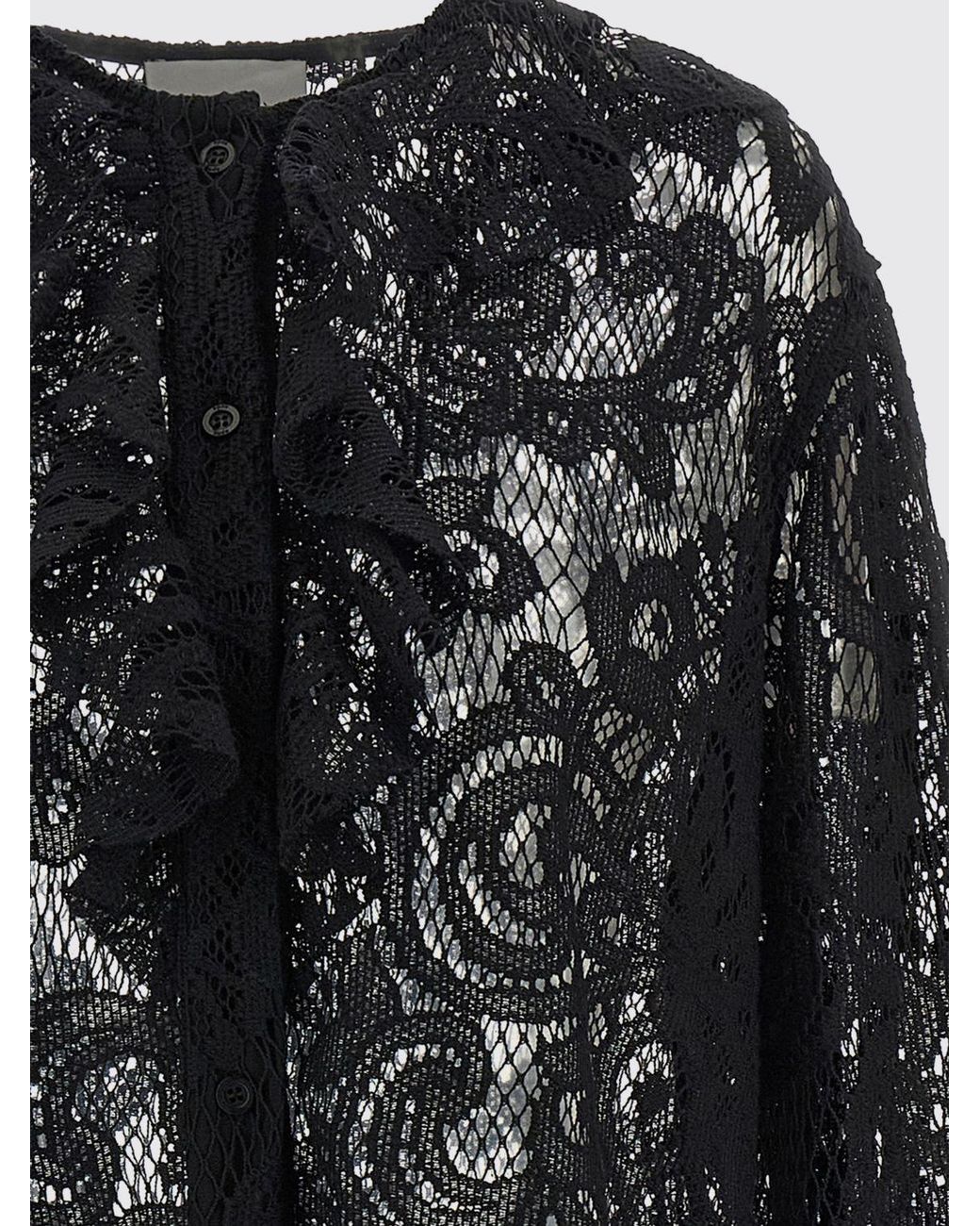Nude Blue Long-Sleeved Embroidered Lace Blouse With Ruffles And Crew Neck