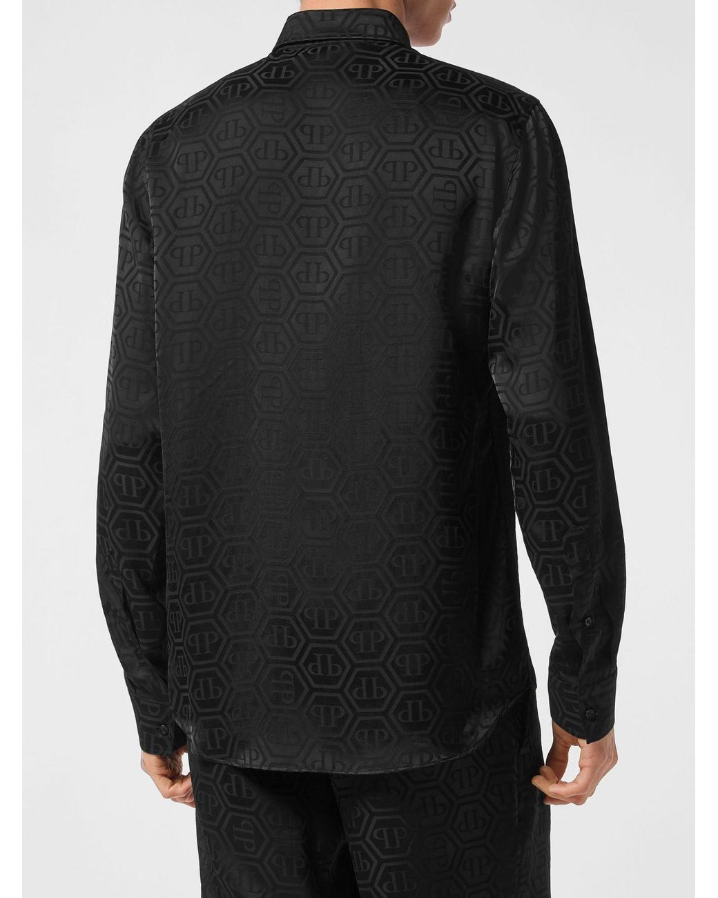 Philipp Plein Black Silk Shirt With All-Over Monogram Print And Hexagon Logo for men