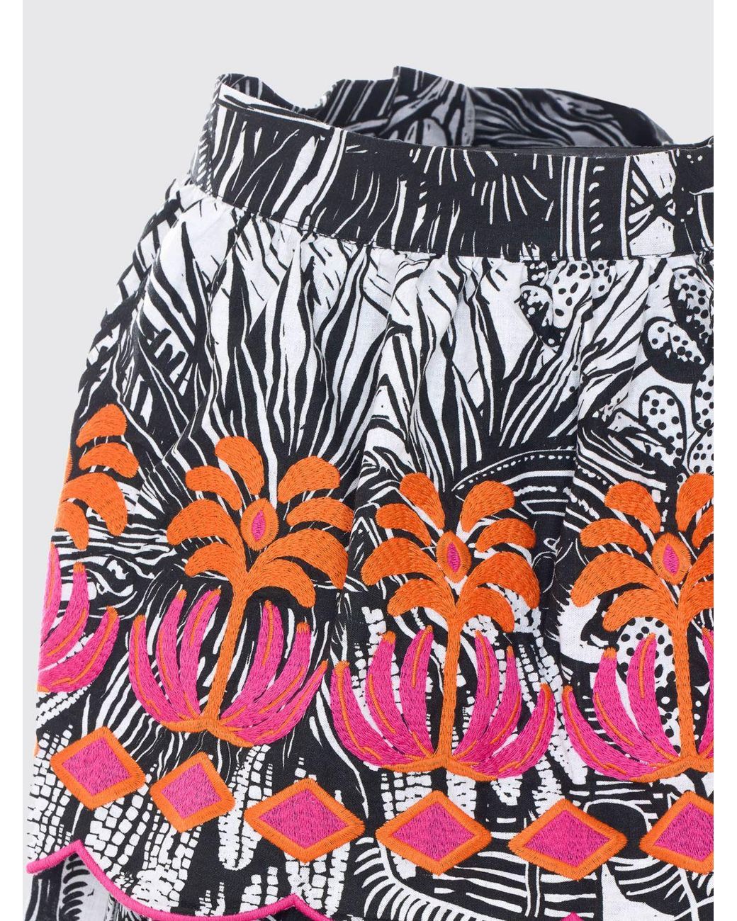 Farm Rio Multicolor High-Waist Tropical Print Embroidered Cotton Midi Skirt