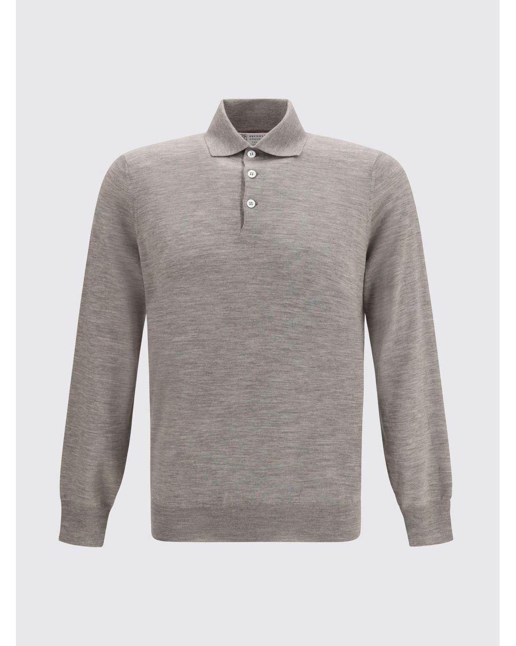 Brunello Cucinelli Gray Long-Sleeved Knit Cashmere Polo Shirt for men