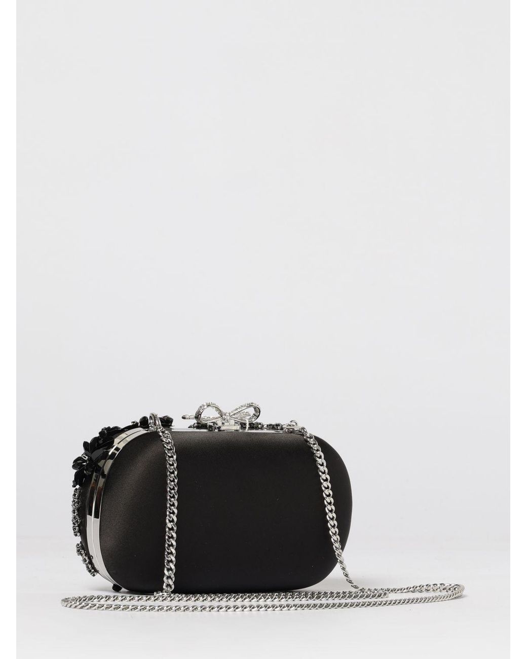 Self-Portrait Black Floral Crystal Satin Clutch
