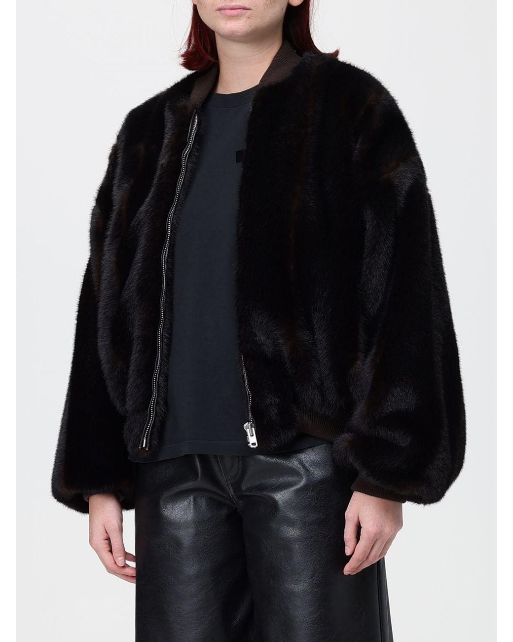 MM6 by Maison Margiela Black Cropped Faux Fur Jacket With Bomber Collar