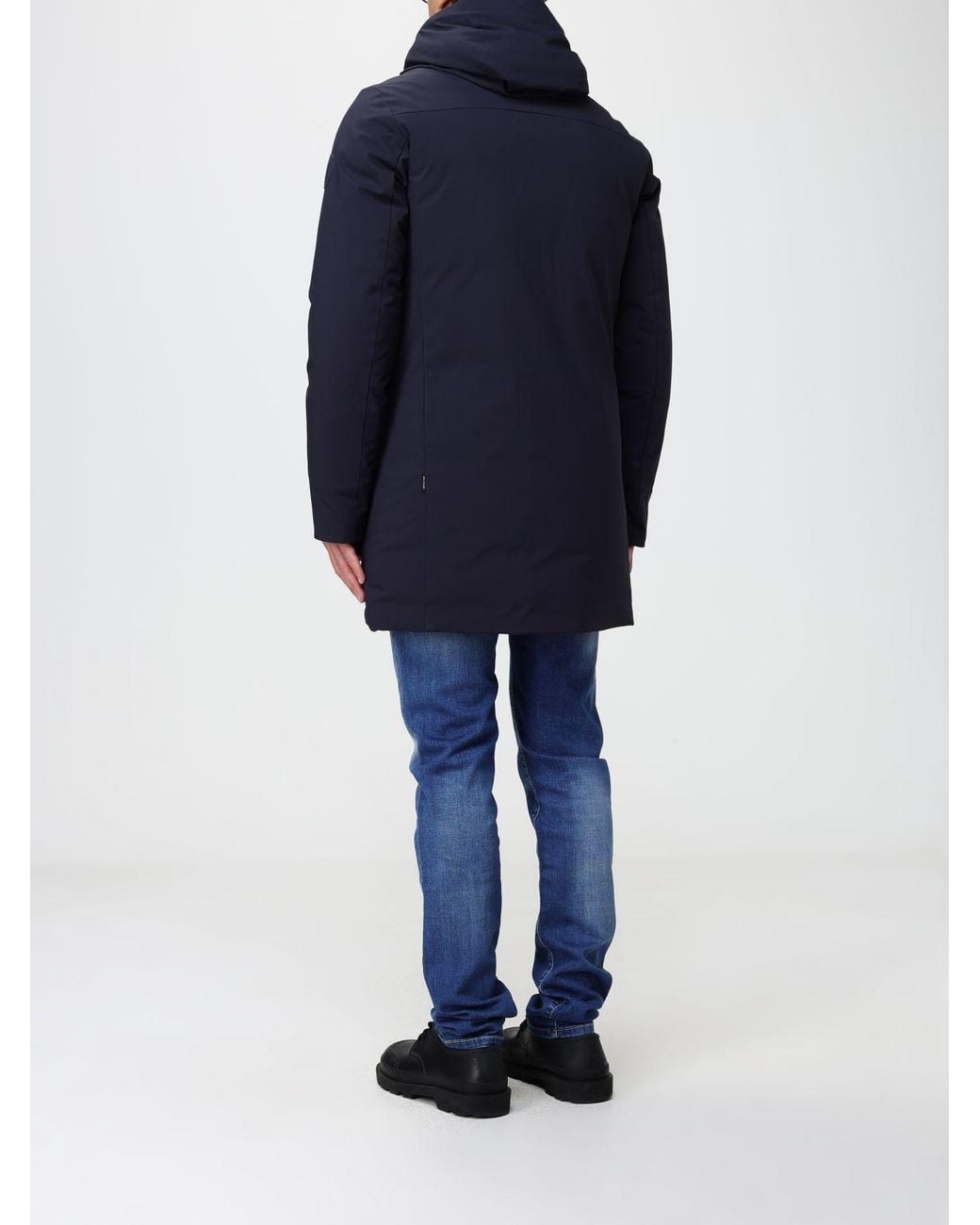 Save The Duck Blue Knee-Length Softshell Parka With Hood And High Neck for men