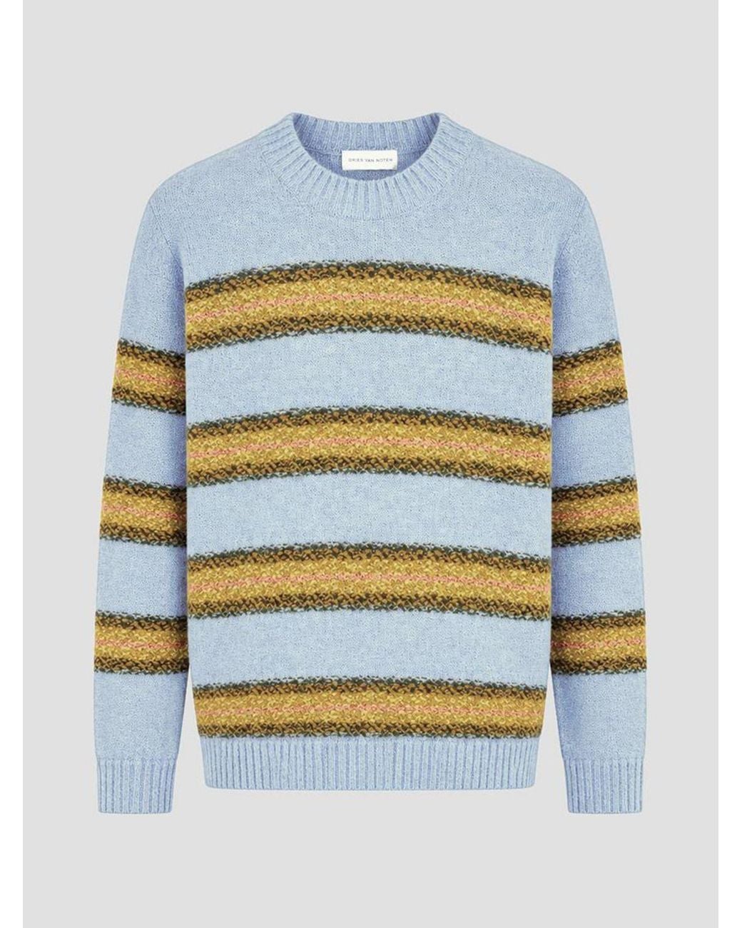 Dries Van Noten Blue Multicolour Striped Wool Crewneck Jumper for men