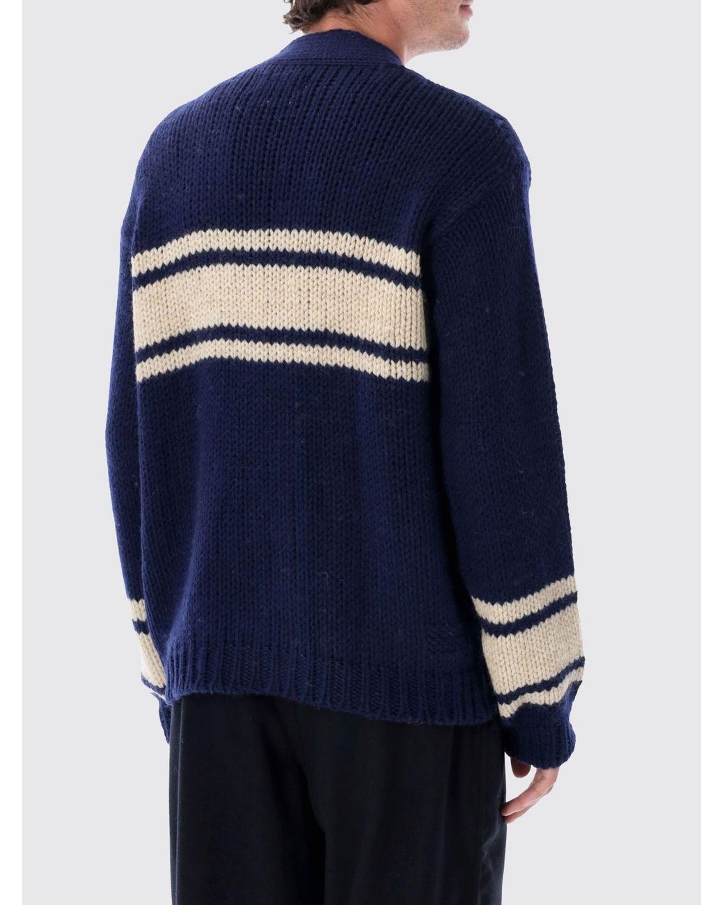 Universal Works Blue Relaxed Fit Striped Wool V-Neck Cardigan for men