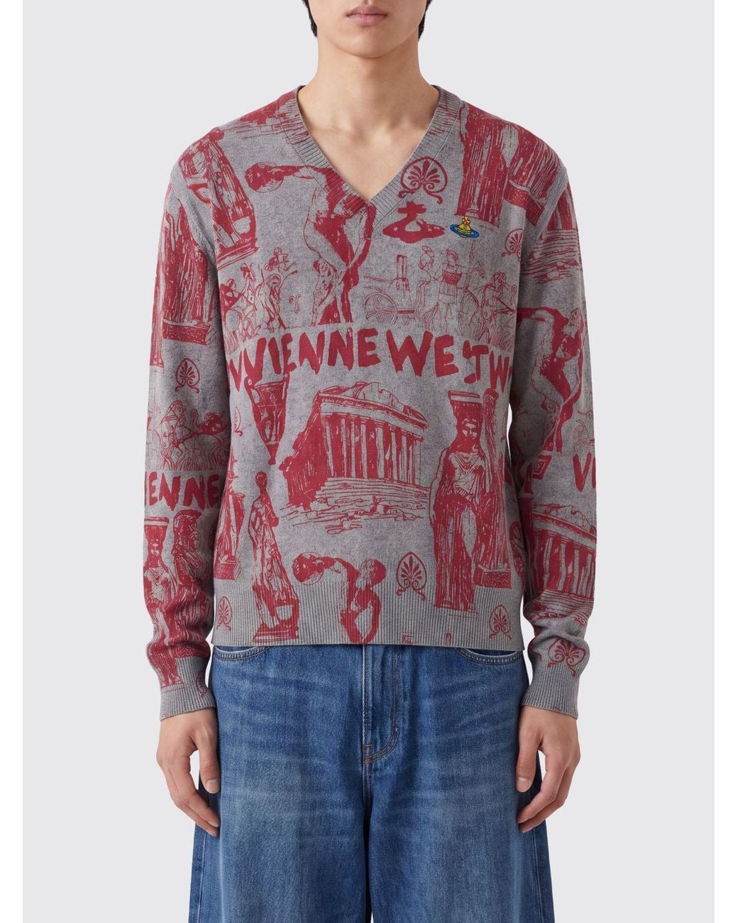 Vivienne Westwood Red Abstract Cotton And Cashmere Blend V-Neck Jumper for men