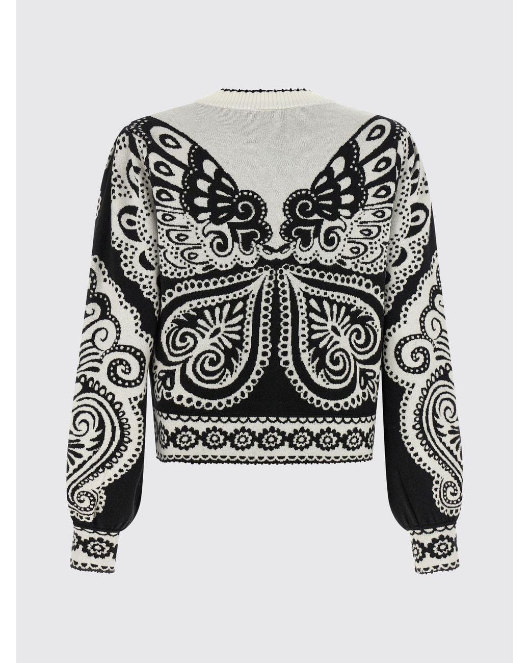 Farm Rio White Abstract Jacquard Knit Crewneck Cardigan With Button Closure